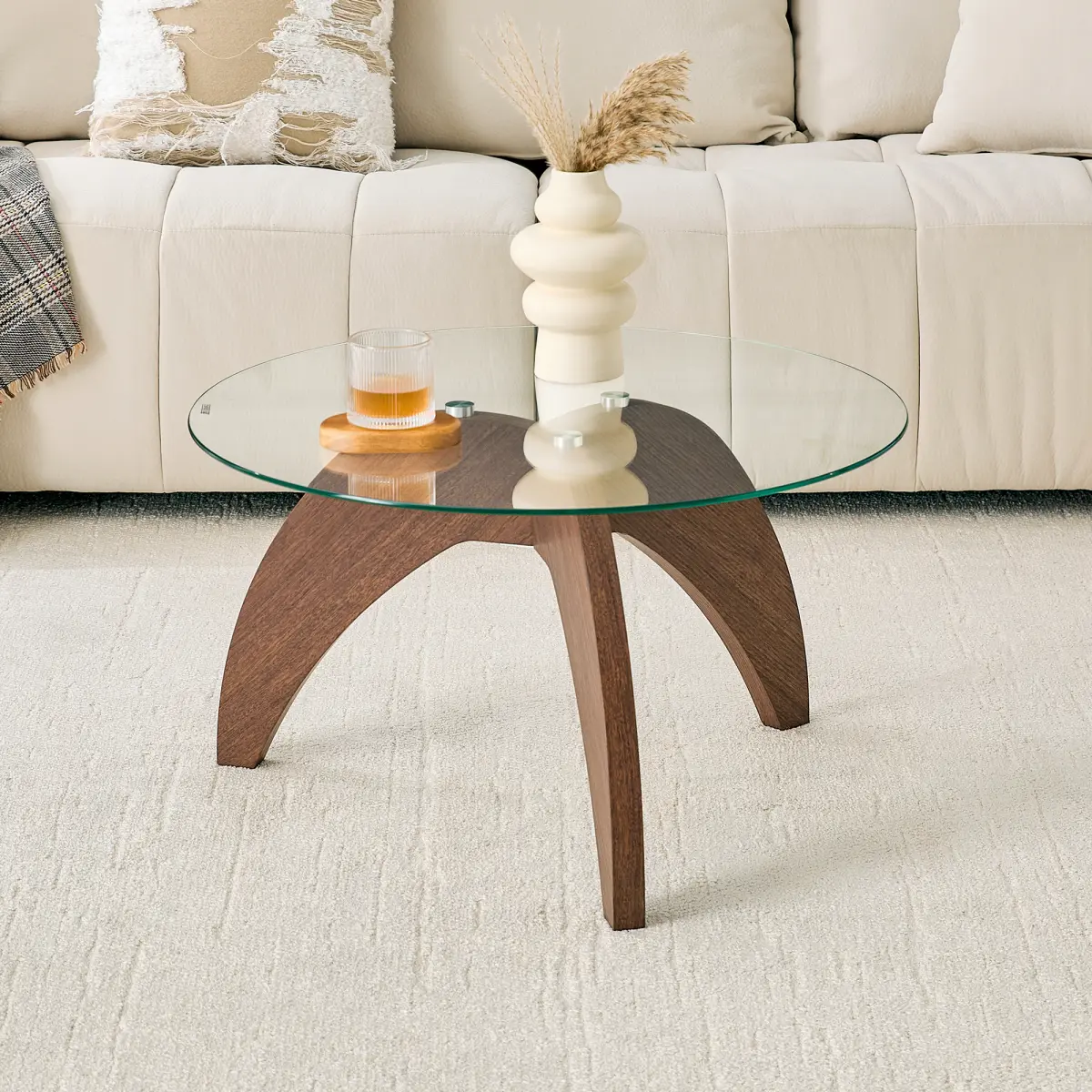 [Bellemave] 27.5 Inch Claw-Style Triangular-Leg Round Coffee Table, Tempered Glass Top and Wood Base, Modern Minimalist Living Room Side Table