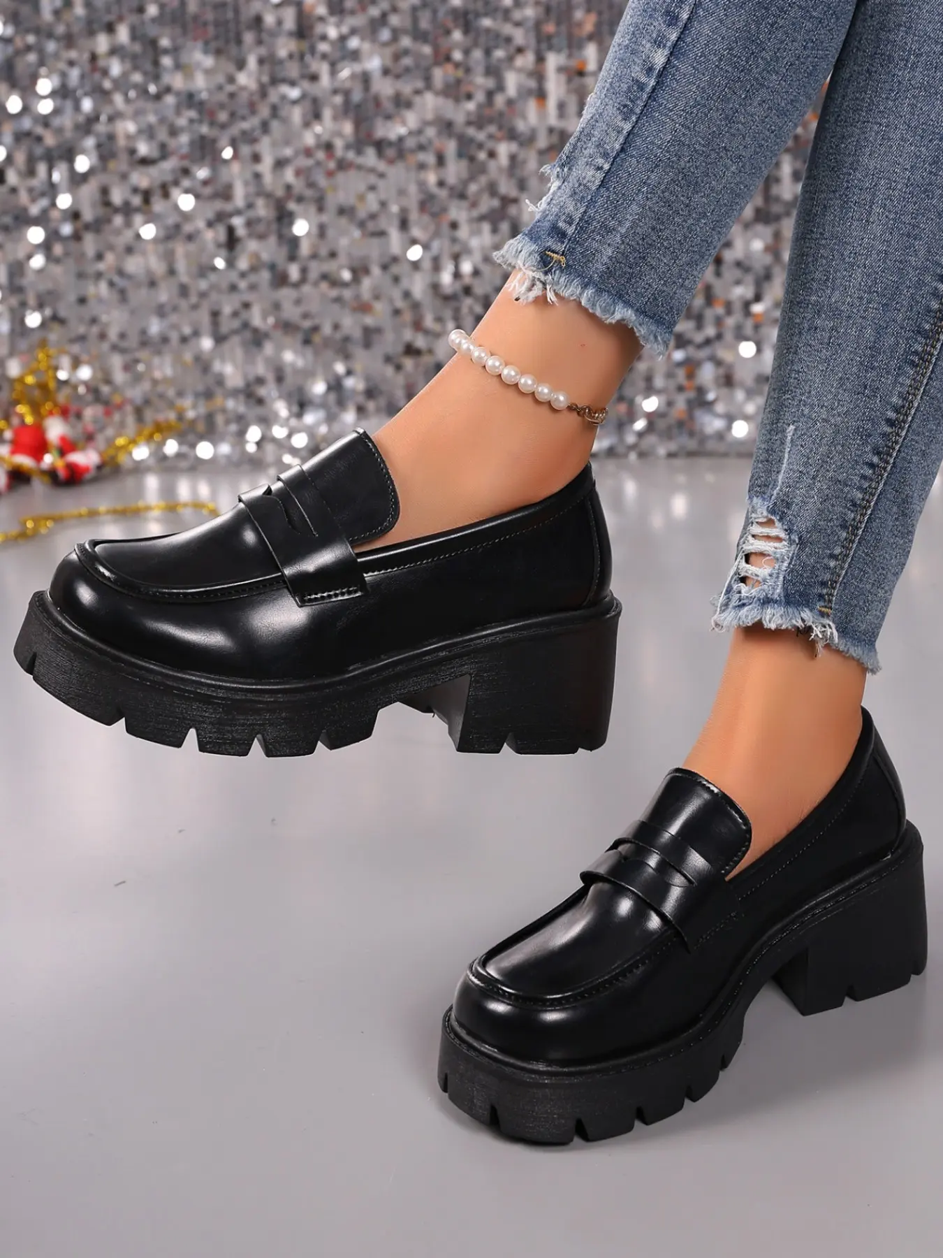New Bestselling Round Toe Chunky Heel Loafers for Women, Simple Sleeveless Design Slip-On PU Leather Shoes, Street Style Casual Footwear