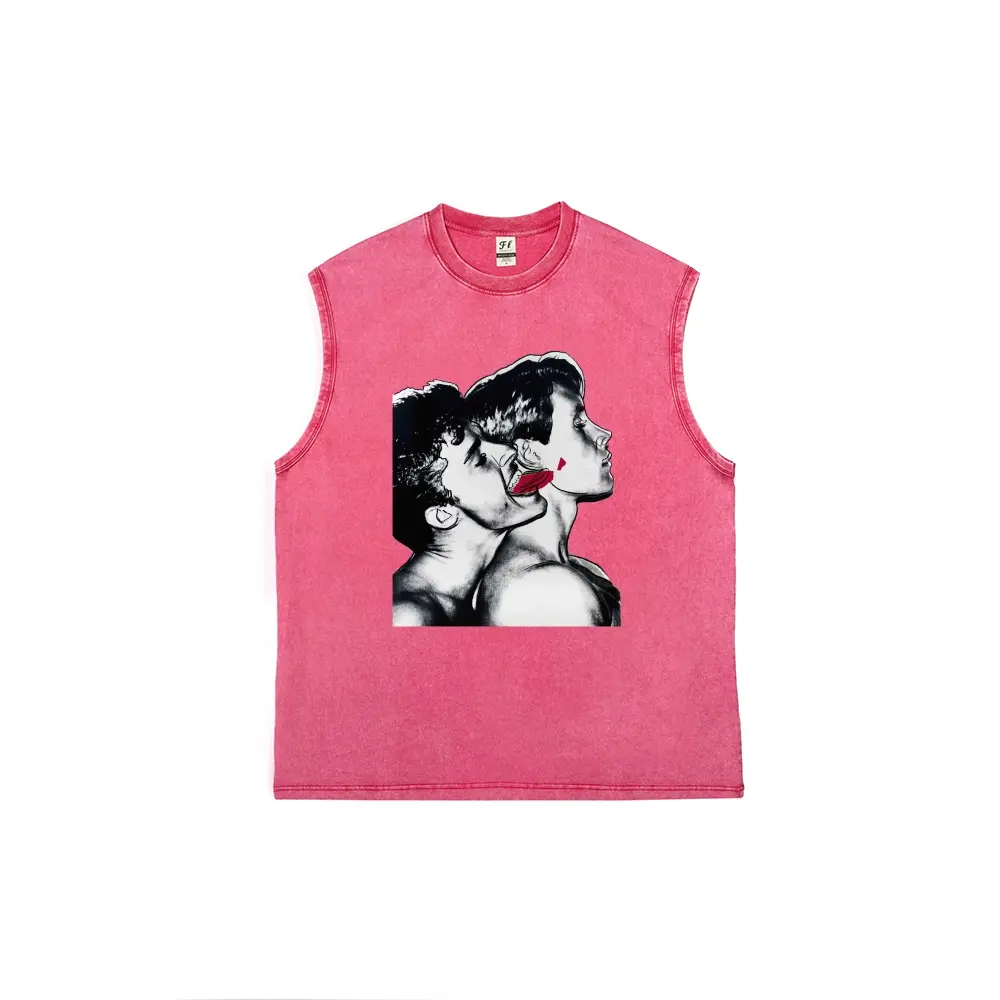 Men's Vintage Acid Wash Pink Sleeveless Cargo Tank Top - Everyday Breathable Comfortable Cotton, Retro Black White Figure Graphic, Cut Off Muscle Tee, Loose Oversized Distressed, 1-Piece Grunge Streetwear Casual Vest, Fit, Style
