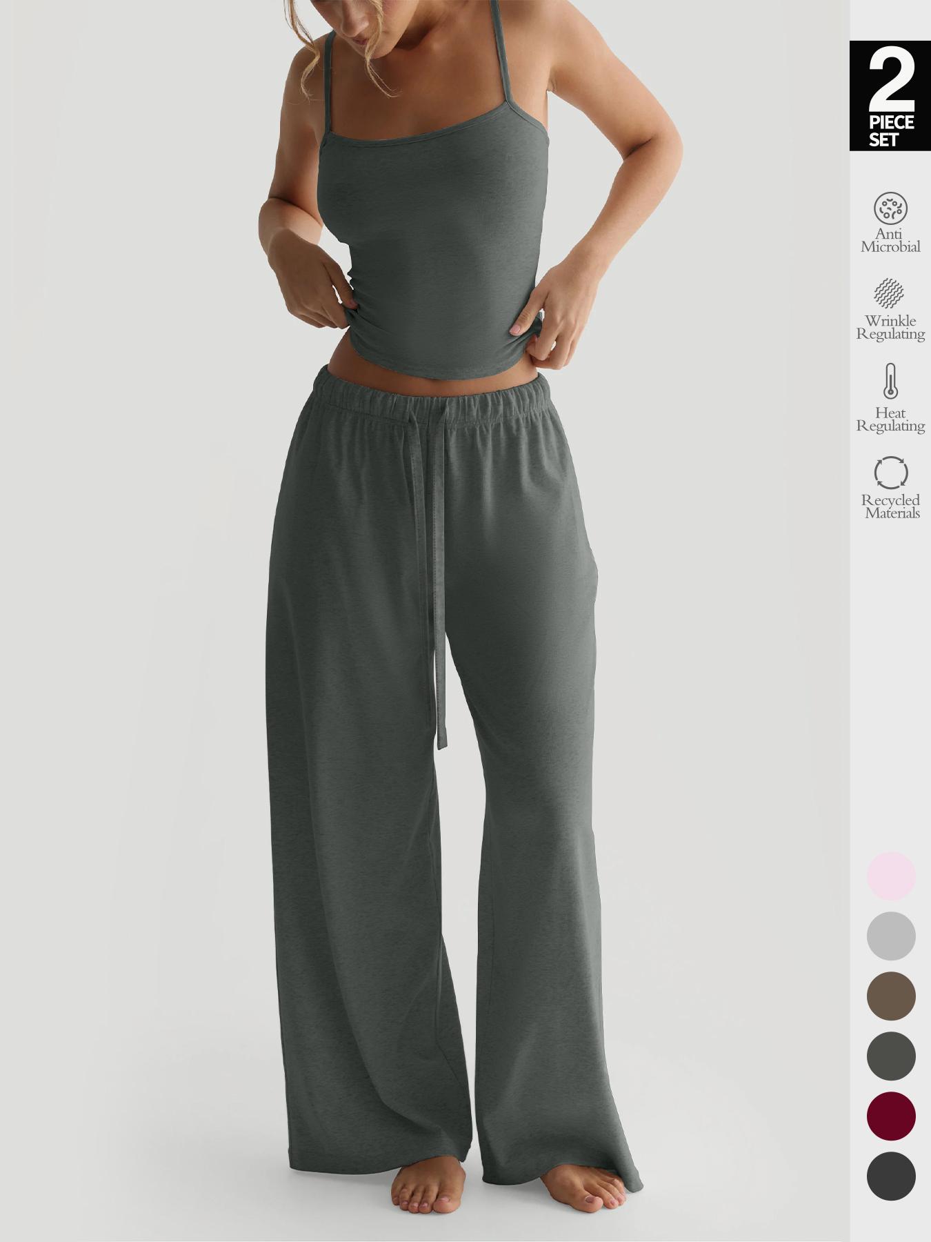 Women's All Seasons Fitted 2-Piece Set, Sleeveless Top & Wide-Leg Pants, Casual Comfortable Sportswear Set with Pockets