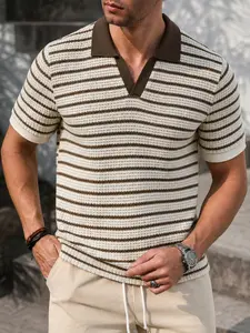 Summer Men's Knitted Striped Hollow Out Polo Shirt, Short Sleeve Collared Breathable Top, Casual Daily Wear, Versatile and Comfortable