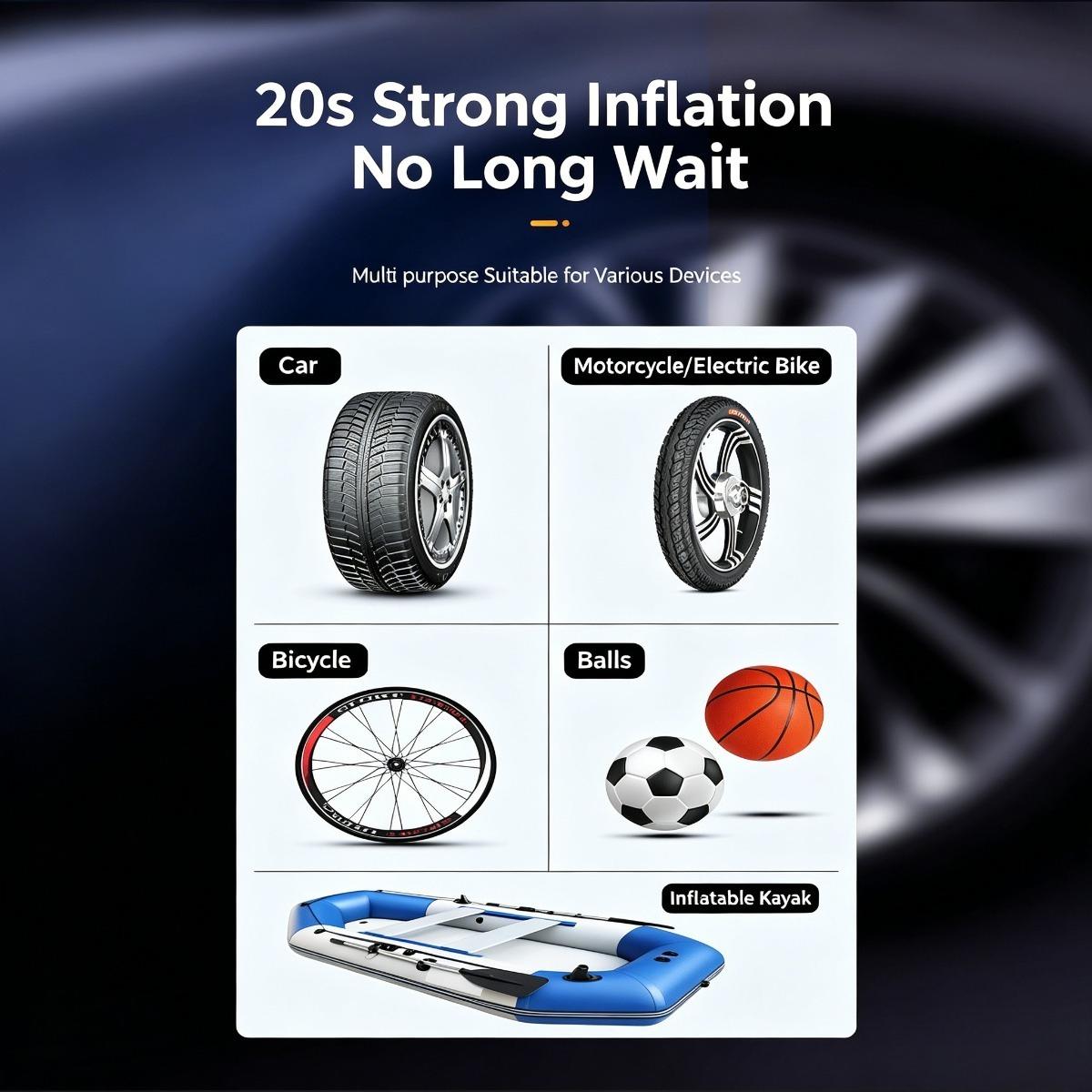 Portable Cordless Tire Inflator, 12V Wireless Car Air Pump with Digital Display, Rechargeable Battery Powered Tire Inflator with Power Bank Function Reusable