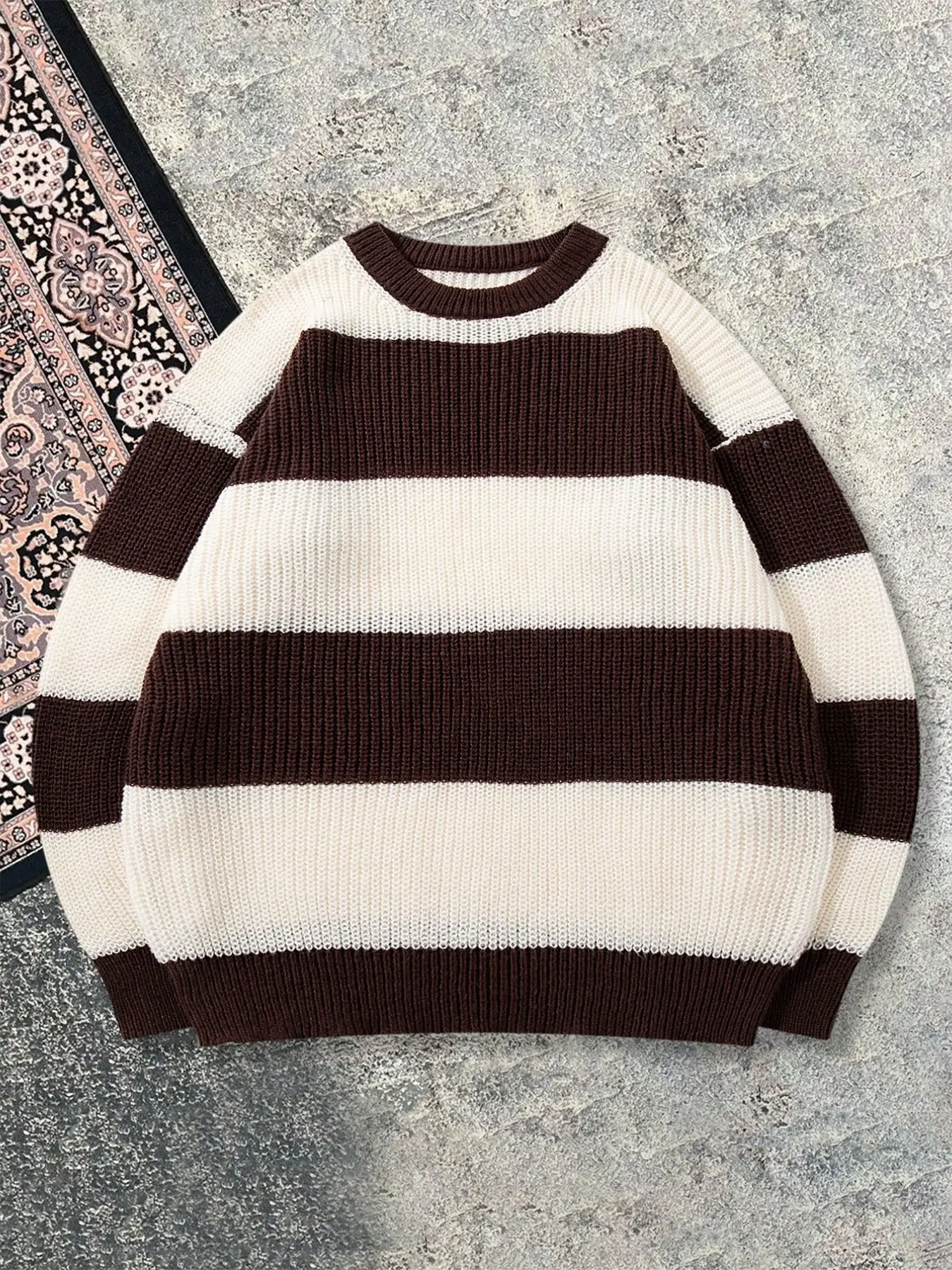 Men's Striped Round Neck Long Sleeve Knit Sweater, Knitwear, Casual Loose-Fitting H-Type, Spring & Fall Daily Wear, Lightweight Street Style Top