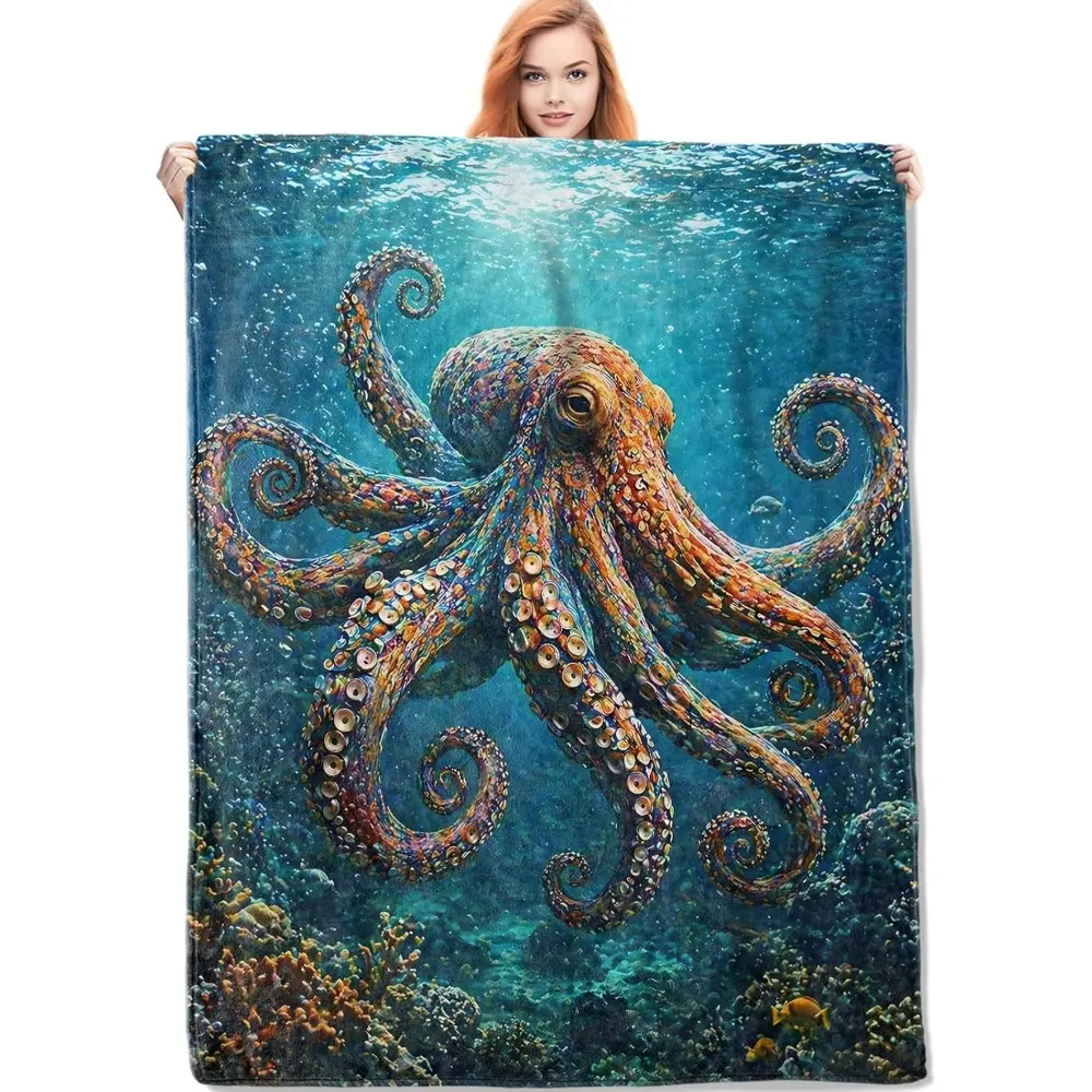 1PC Colorful ocean octopus blanket, comfortable flannel throw, suitable for women and adults, soft and lightweight blanket, perfect for living room sofa or bedroom bed cover