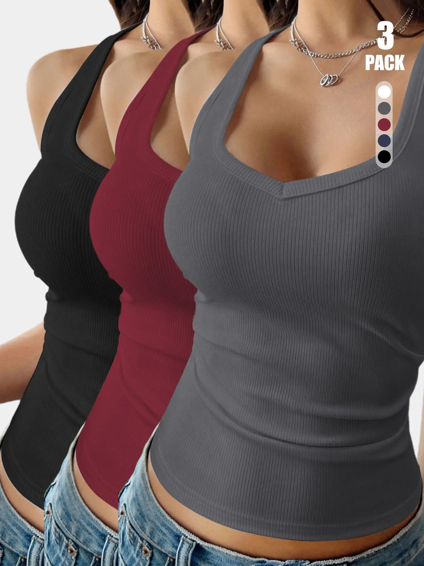 Women 2026 1/2/3 Pack New Arrival Ribbed Fitted Tank Camisole, V Neck Wide Strap Sleeveless Layering Top, Summer Stretch Solid Color Everyday Workout Vest Shirts All Season