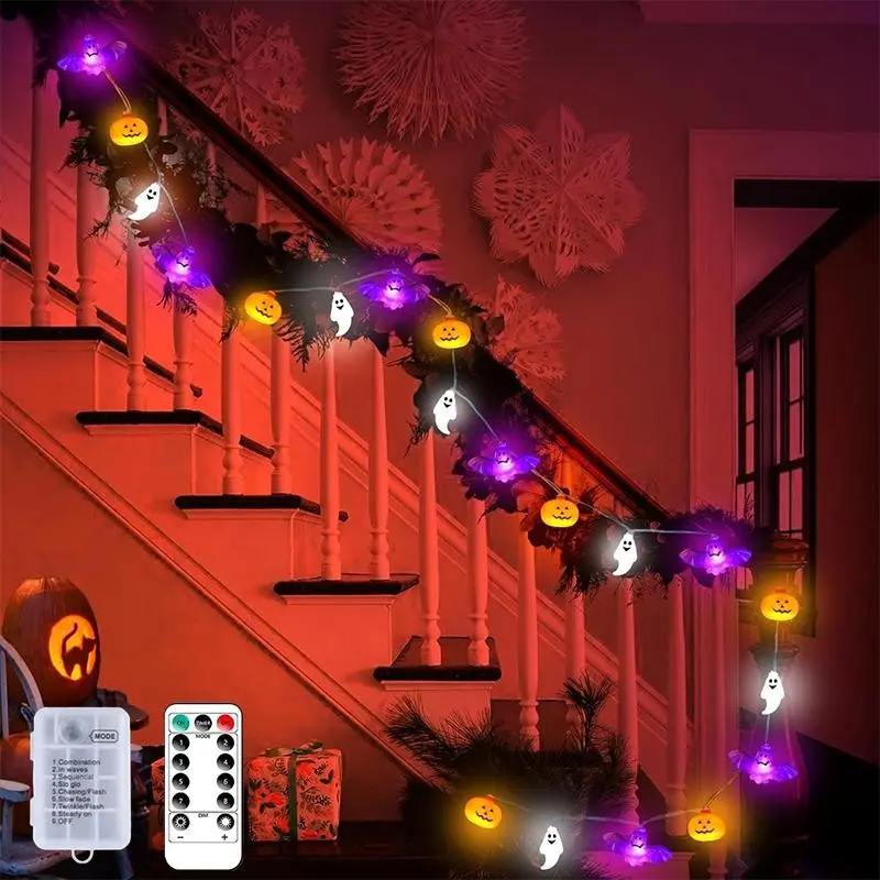1 PC set of Halloween string lights, 30 LED pumpkin bat ghost lights for indoor decoration, dual-color flashing with 8 lighting modes and a timer, fairy tale lights, waterproof Halloween ambiance lights, suitable for indoor, window, and party decoration