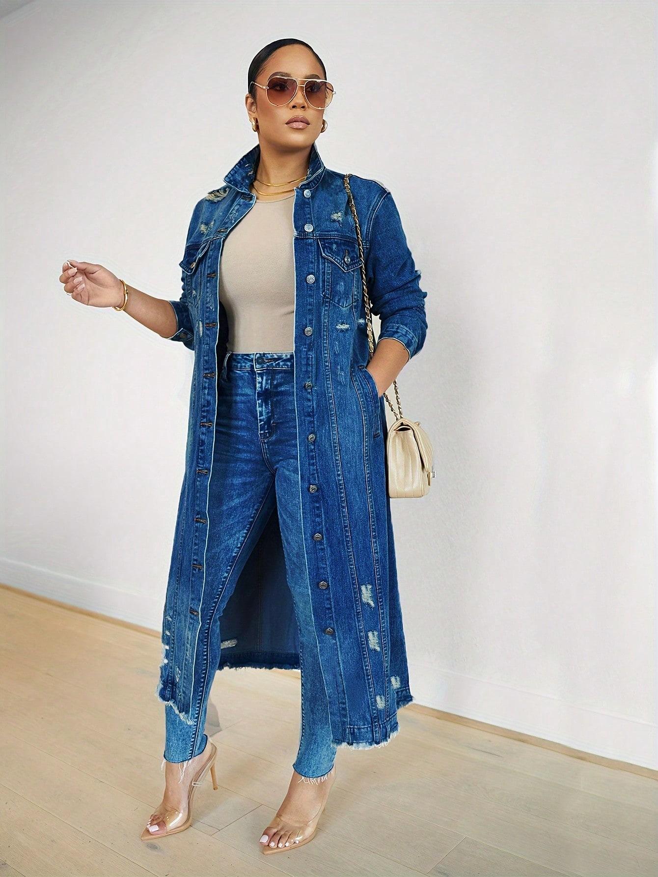Womens Distressed Ripped Denim Trench Coat Casual Slim Button Down Washed Long Jean Jacket Long Sleeve Solid Color Coat SpringStatements