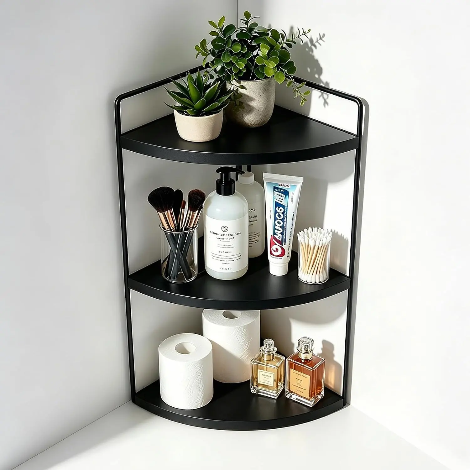 3-Tier Corner Bathroom Countertop Organizer, Solid Pine Wood Vanity Shelf | Black solid pine shelves with 6.3 in clearance for tall bottles, skincare, perfume, and daily essentials.