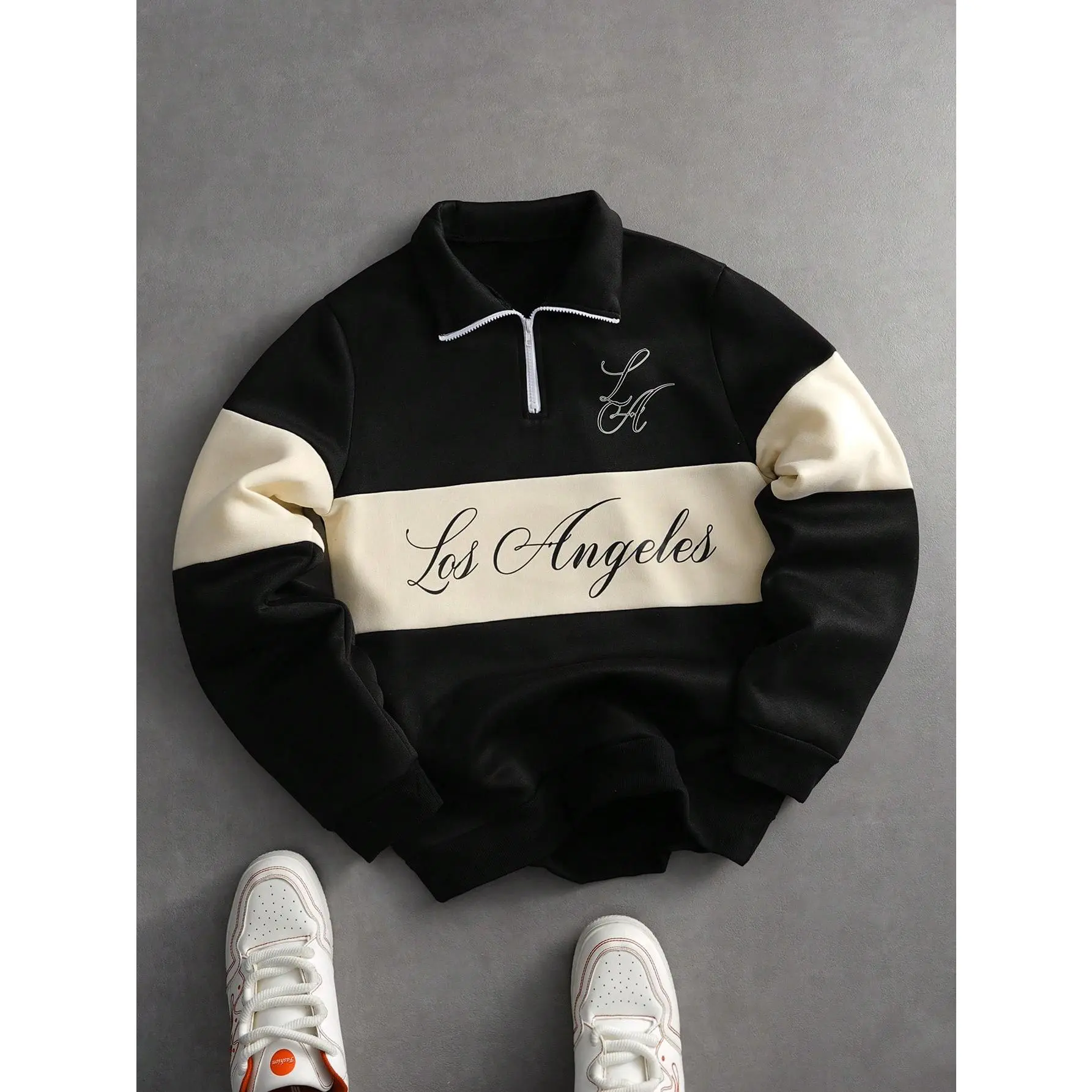 Men's Preppy Long Sleeve Fleece Quarter Zip Sweatshirt - Soft Fabric Drop Shoulder Color Block Pullover, for Casual Office and Street Wear