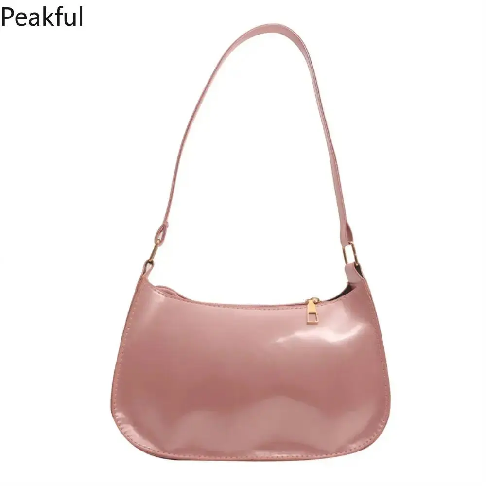 Minimalist Underarm Hobo Bag for Women, Glossy Faux Leather Purse with Wide Adjustable Strap & Top Zipper, Trendy Small Handbag for Daily Essentials, Work & Travel
