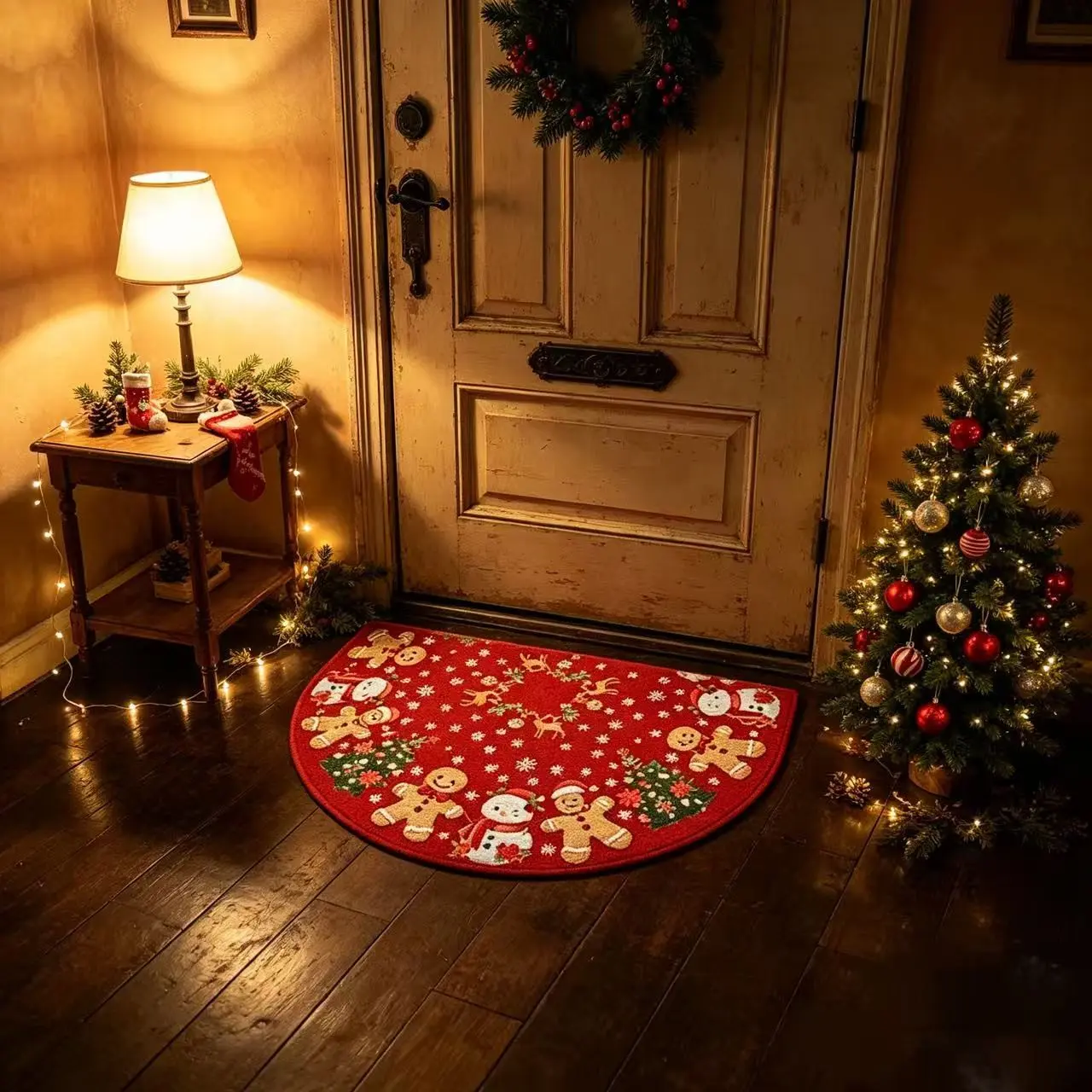 A Christmas semi-circular doormat featuring red gingerbread men and snowflakes, this non-slip floor mat, Front Door Mat, is perfect for indoor and outdoor use, perfect for entrances, hallways, gardens, and kitchens