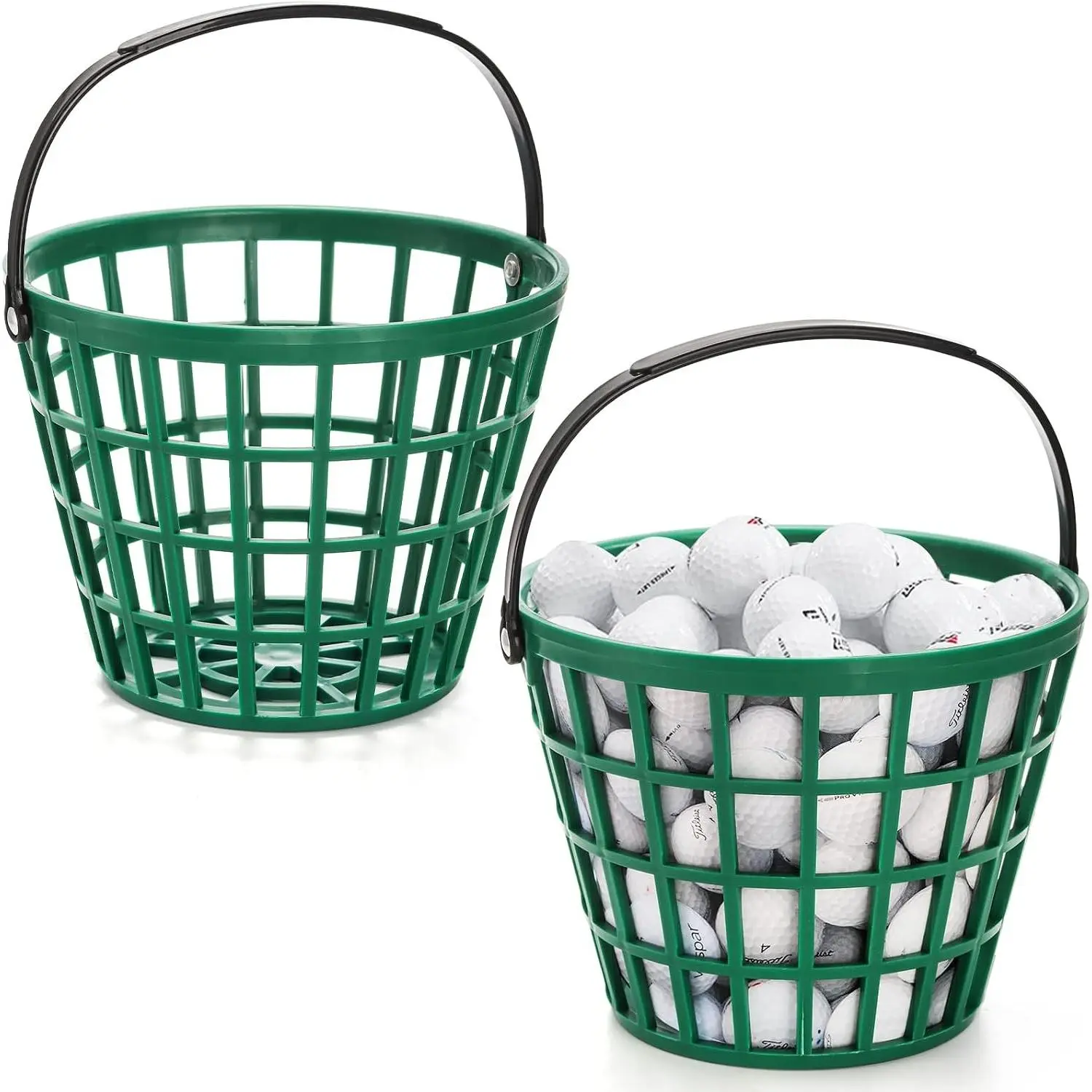 2 Pack Plastic Golf Ball Basket, Golfball Container Ball Bucket with Handle, Holds 40-50 Balls, Green