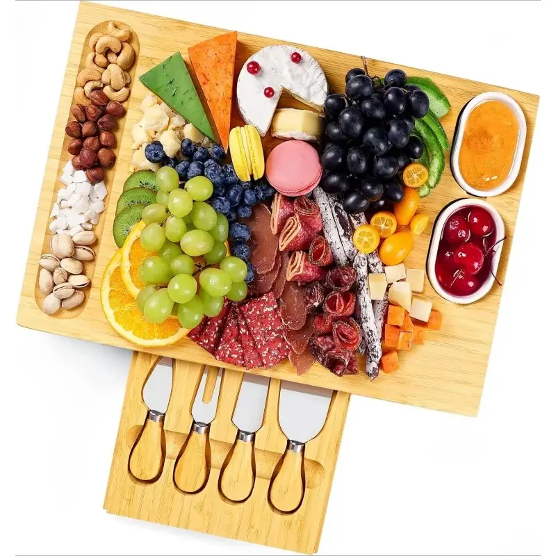 Wood Charcuterie Board with Knives - Cheese Platter & Serving Tray, Cheese Board Set, Wooden Bamboo Tableware with Cutlery
