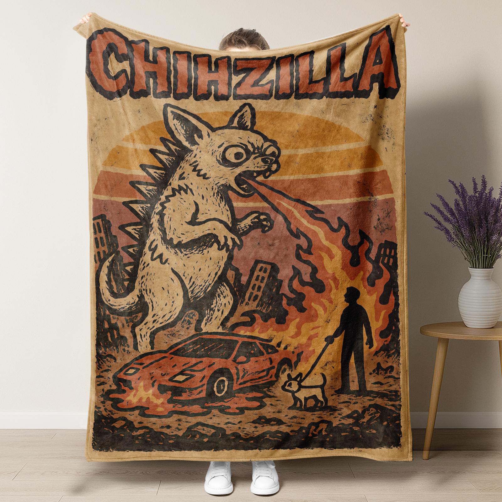 Pugzilla Catzilla "Godzilla" Meme Flannel Blanket,Viral Must-Have Retro Kaiju Monster Pug Throw Blanket,Super Soft Cozy Blanket for Pug Lovers,Trendy Retro Movie Themed Home Decor