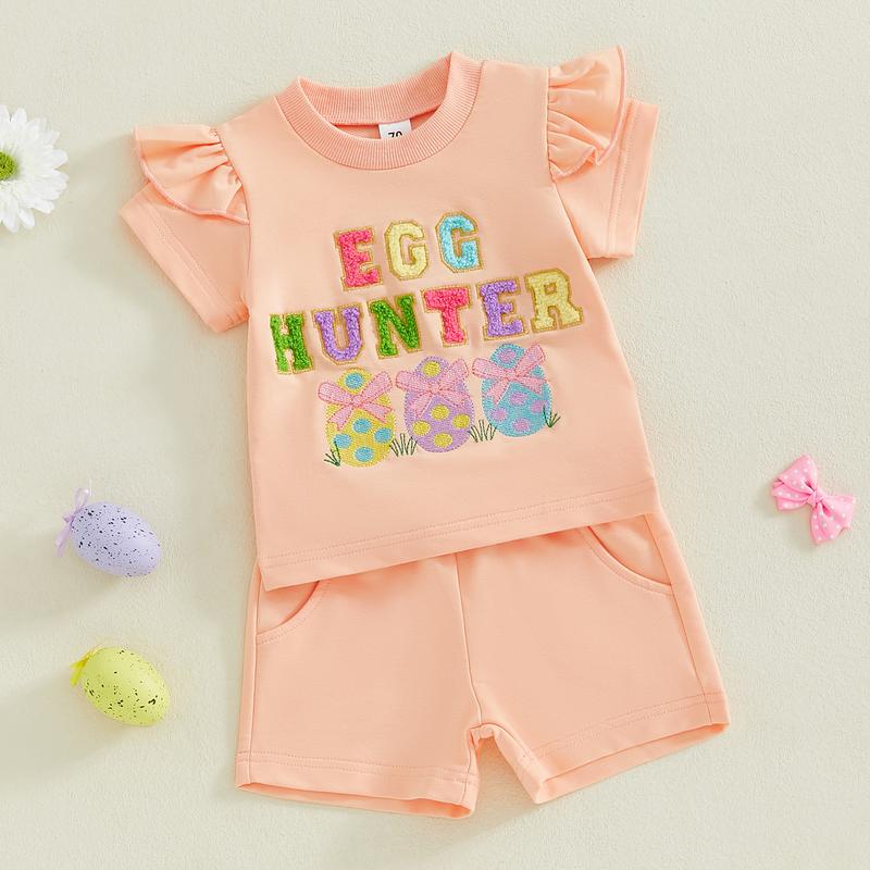 Toddler Baby Little Girl Easter Outfits Letter Embroidery Short Sleeve T-Shirt with Shorts 2 Pcs Set 0-5 Years