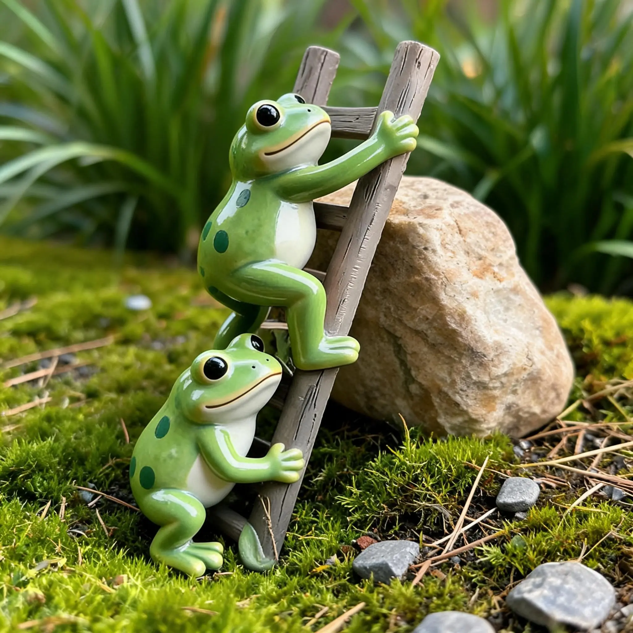 Creative Resin Frog Ladder Ornament, Garden Statue, Garden Sculptures, Garden Micro Landscape Decor, Unique Home Decoration Gift, New Arrival for Indoor Outdoor Use
