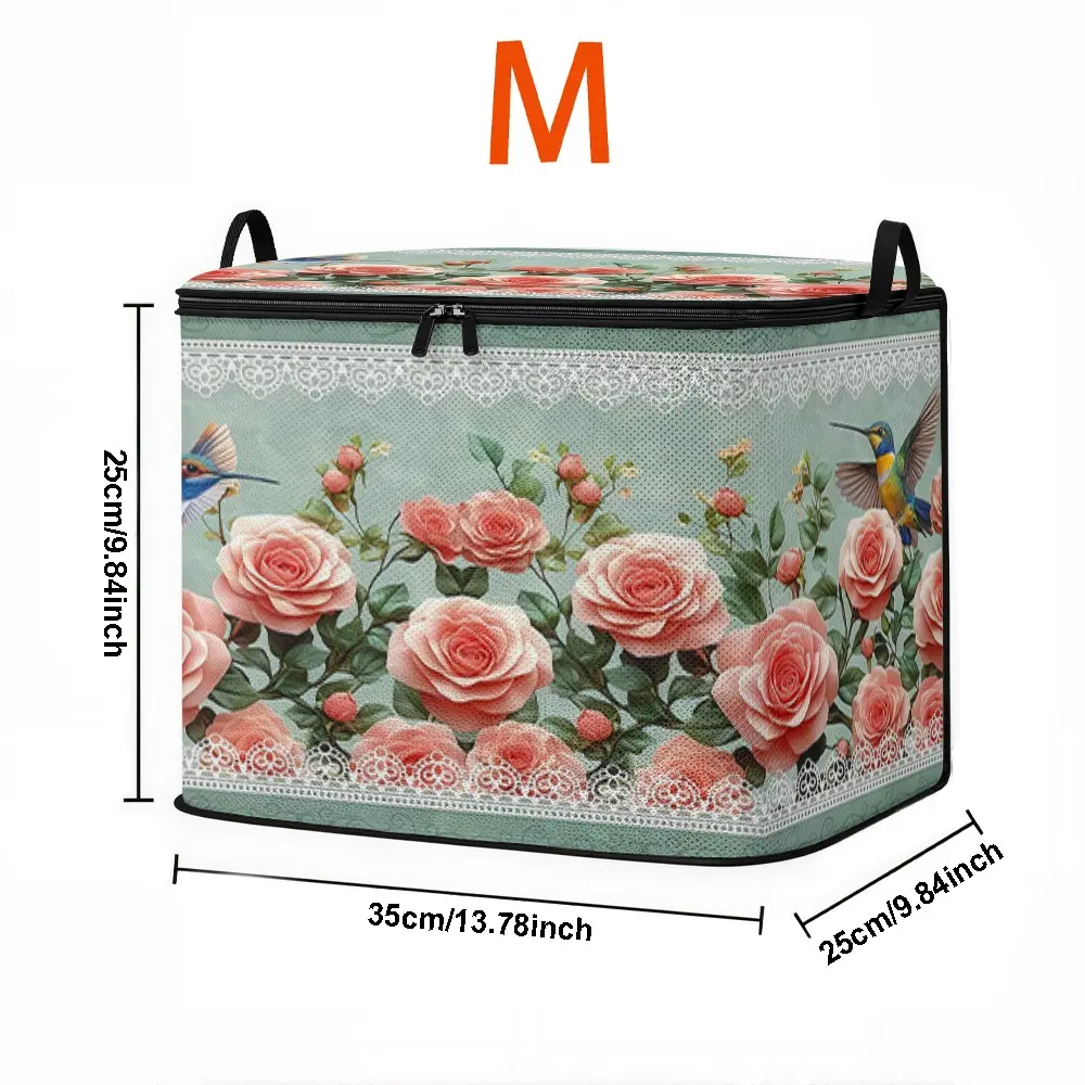French Vintage Lace Pink Rose & Kingfisher Printed Fabric Storage Box, Double-Zipper Thickened Waterproof Foldable Storage Bin, Portable Large-Capacity Organizer with Handles and Zipper Lid for Home Use to Store Clothes, Quilts and Toys