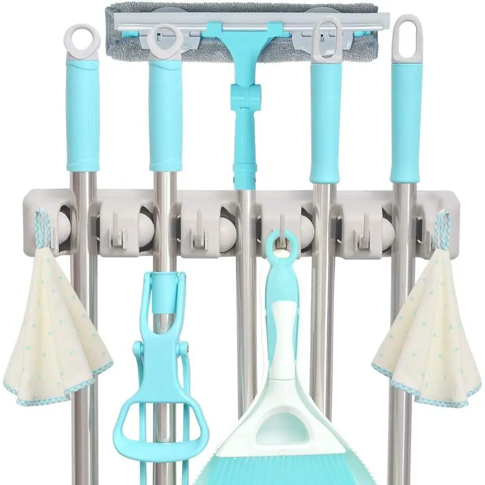 Mop and Broom Holder, 5 Position with 6 Hooks Garage Storage Holds up to 11 Tools, Multipurpose Wall Mounted Tool Rack Organizer for Kitchen Garage