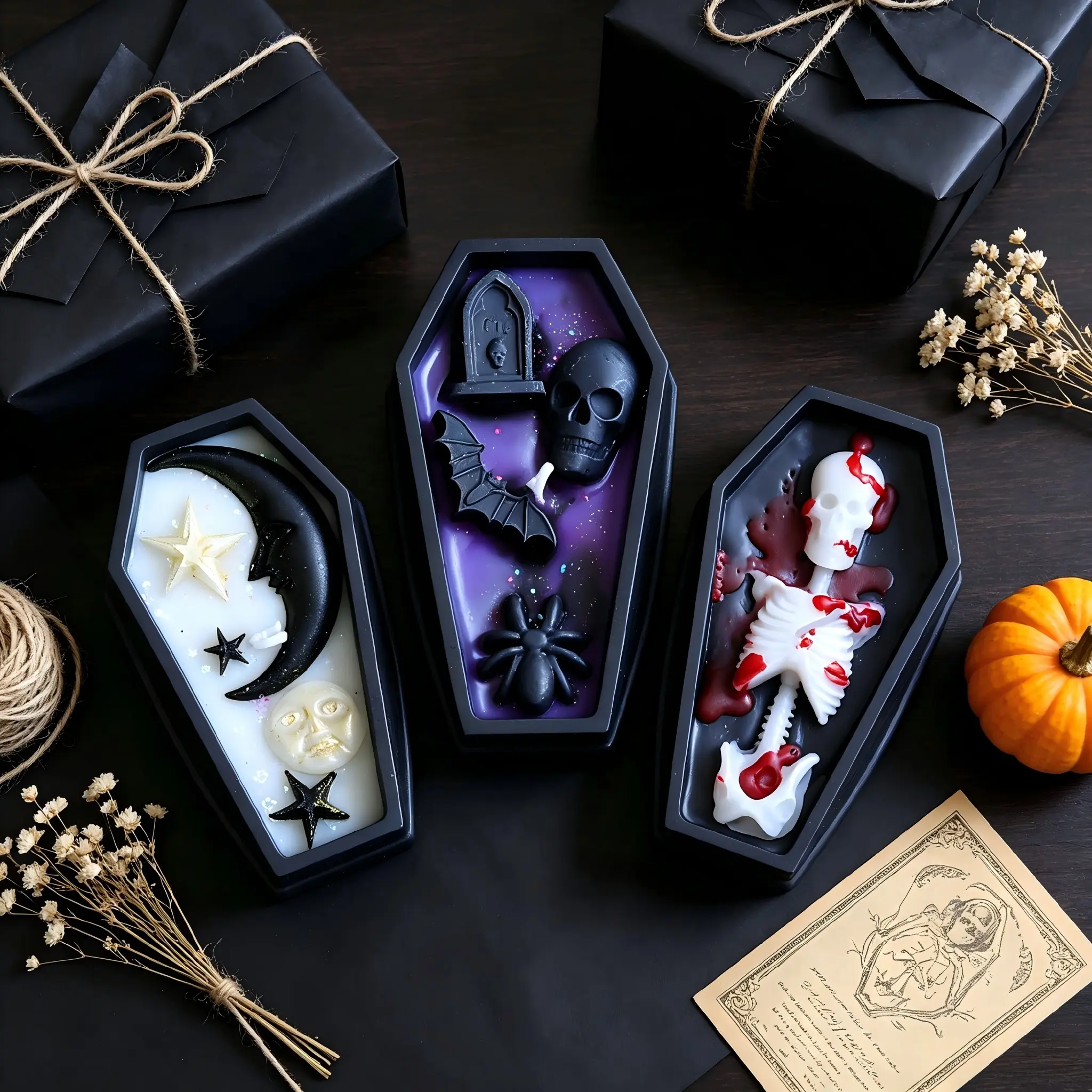 Halloween Coffin Skull Candle, Vampire Tombstone Decor, Gothic Atmosphere Haunted House Setup, Skeleton Effect, Party Decoration, Table Centerpiece