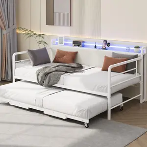 Twin Daybed w/ Trundle Metal Daybed Pop‑Up Bed Frame w/ Corduroy Upholstered Storage Headboard & Charging Station & LED Light for Living Room, Bedroom