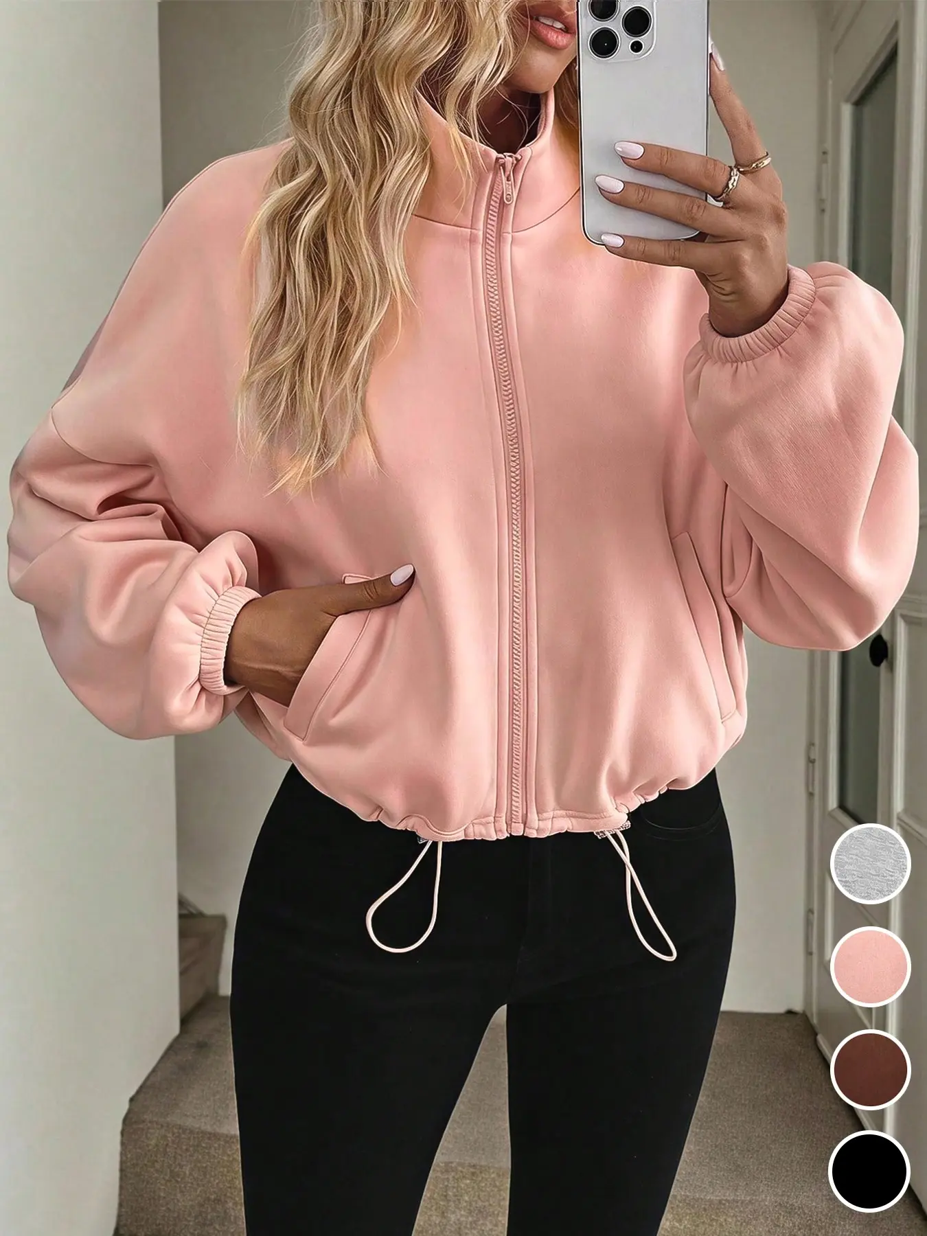 Women's Casual Daily  Zip-Up Drawstring Fleece Lined Loose Fit Sport Jacket, Comfortable and Stylish Outerwear for Everyday Wear, Perfect for Fall & Winter