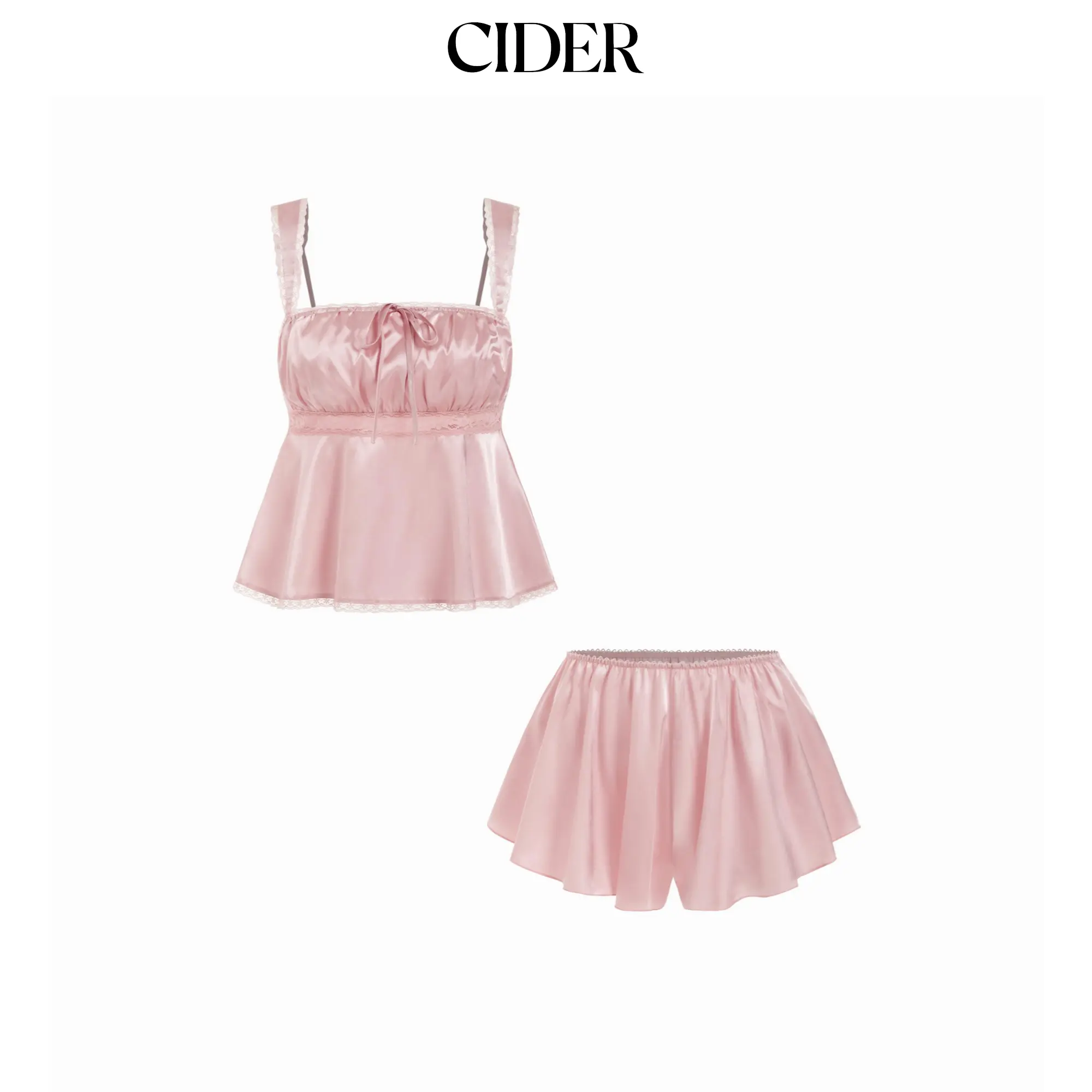 Cider Satin Lace Trim Bowknot Tank Top & Low Rise Shorts Loungewear Set