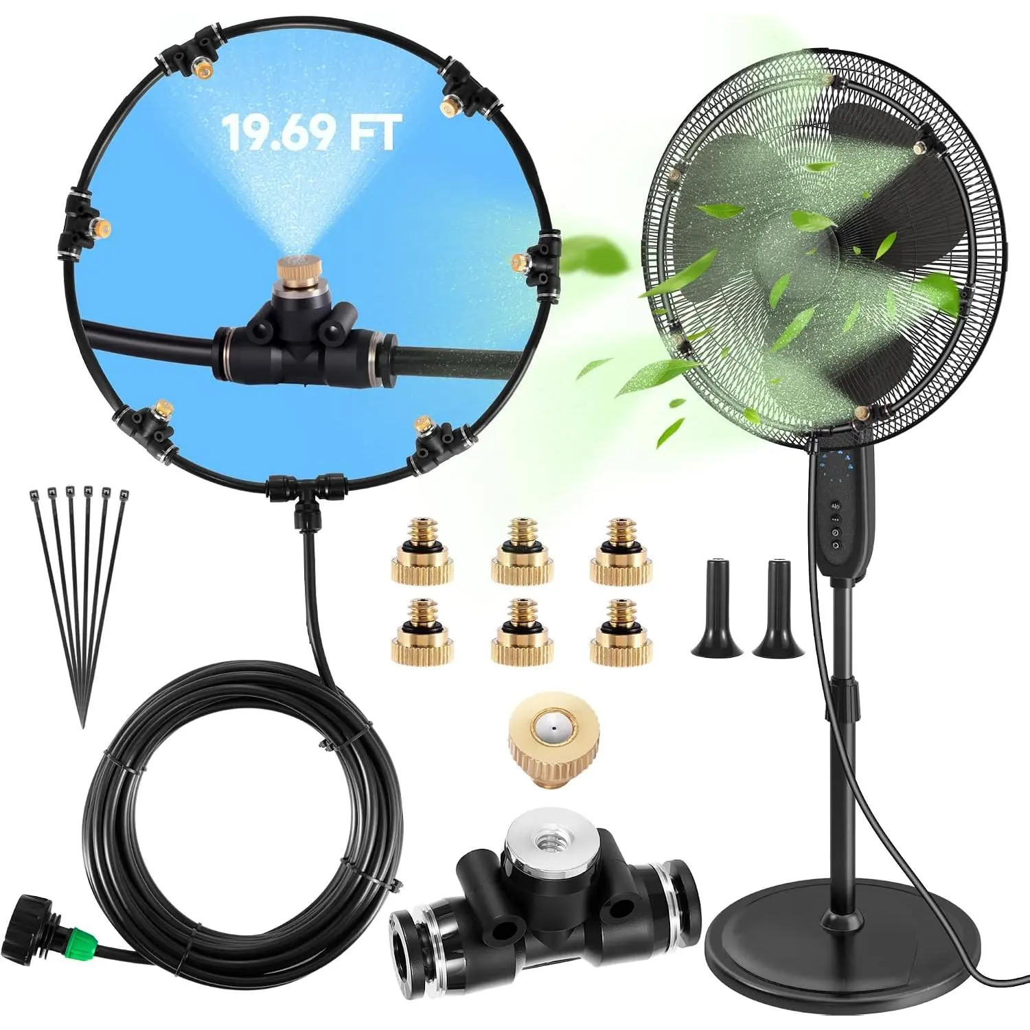 Anti Leak Misting Fans for Outside,Outdoor Misting Fan Kit,19.69FT(6M) with 6 Brass Nozzle + 6m Line + 3/4" Adapter Water Mist Sprayer for Backyard Patio,  for Outdoor Cooling System