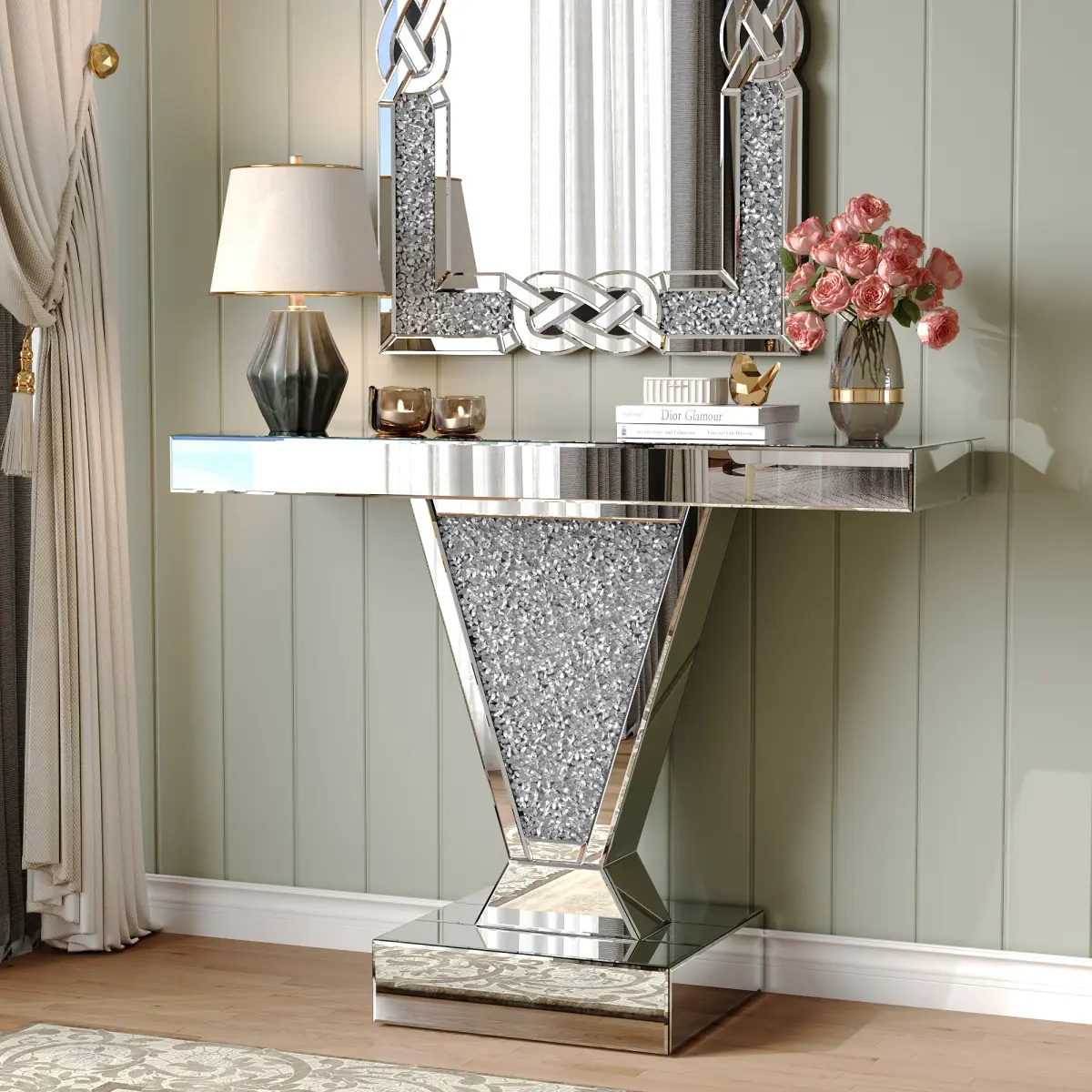 Crushed Diamond Mirrored Console Table, Modern Silver Reflective Glass Entryway Sofa Table, V-Shaped Crystal Inlay Rectangular Hallway Accent Table for Living Room Foyer