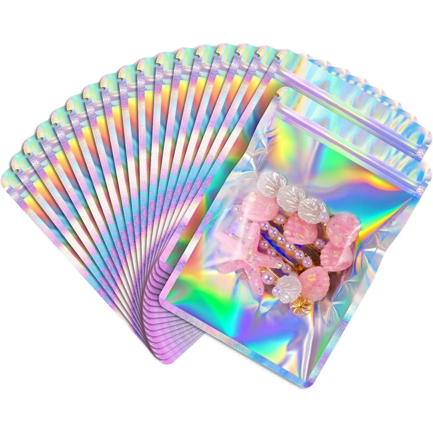 4x6in Smell Proof Mylar Bags,Resealable Zipper Holographic Bags with Clear Window,Round Corner Small Goodie Baggies for Party Favor,Candy,Treat,Gift,Jewelry,Small Business Supplies,50 Pack