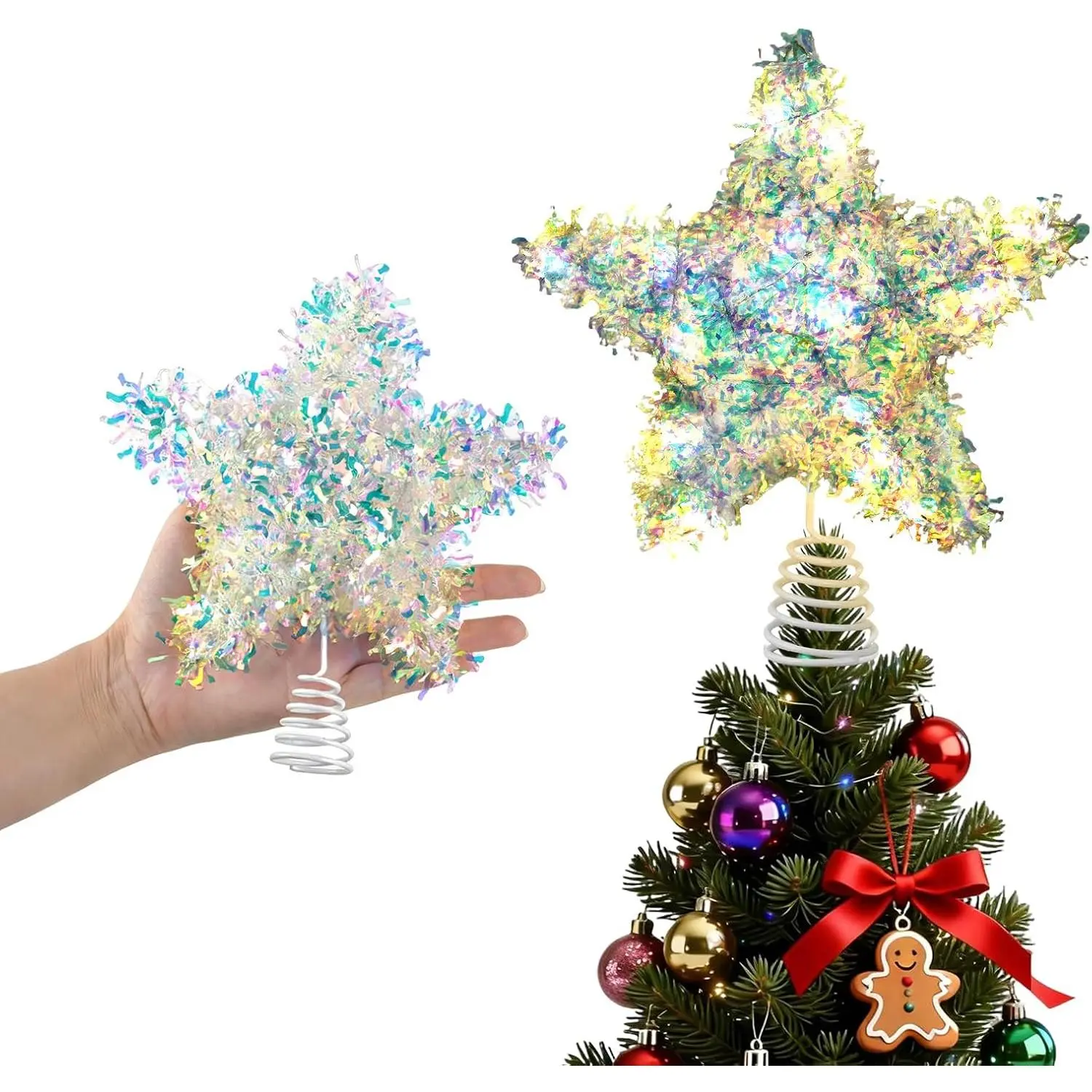 Christmas Tree Topper , Exquisite Christmas Decor, Mini Shiny Iridescent 6 Inch Christmas Tree Decoration with 6H Timer, 10 Warm Lights for Xmas Tree, Holiday & Party, Indoor