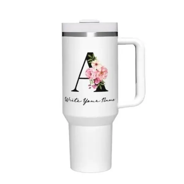 Personalized 40oz Tumbler with Handle - Floral Monogram Design, Ideal for Drinking and Display - Bottle, Drinkware Stylish Flasks tumblers