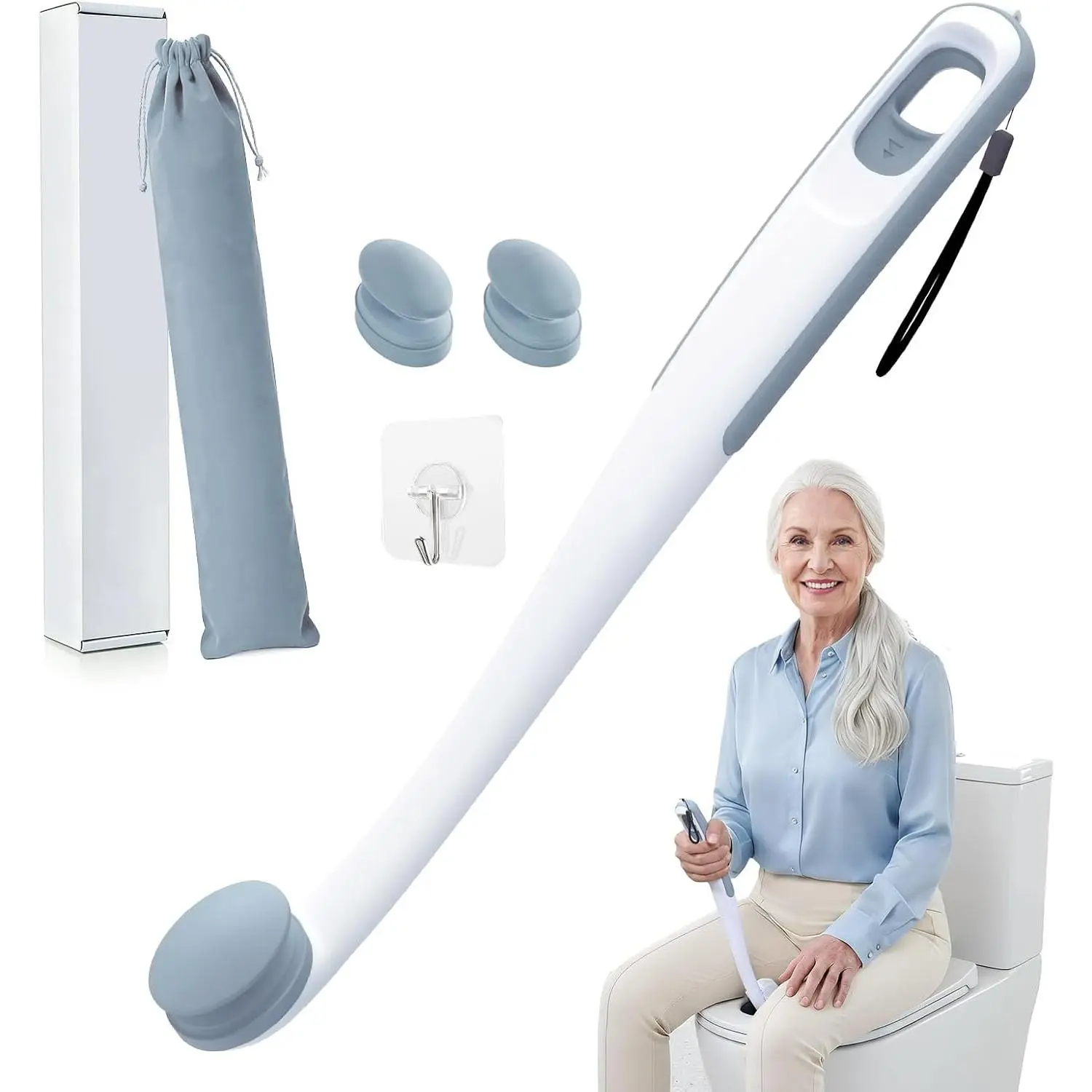 Toilet Aids for Wiping Bottom, 16.5" Firmly Clamp Bottom Buddy Wiping Aid, Butt Wiper Tool with Replaceable Head for Women, Men, Elderly, Pregnant, Disabled and Surgery Recovery