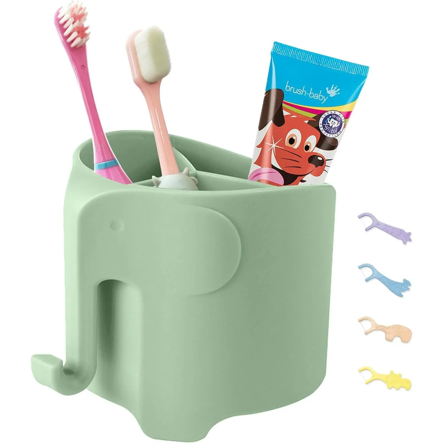 Kids Toothbrush Holder, Cute Elephant Toothbrush Holders for Toddler, Toothbrush Toothpaste Holder for Bathroom, Toothbrush Organizer with 3 Slots and a Hook, Green
