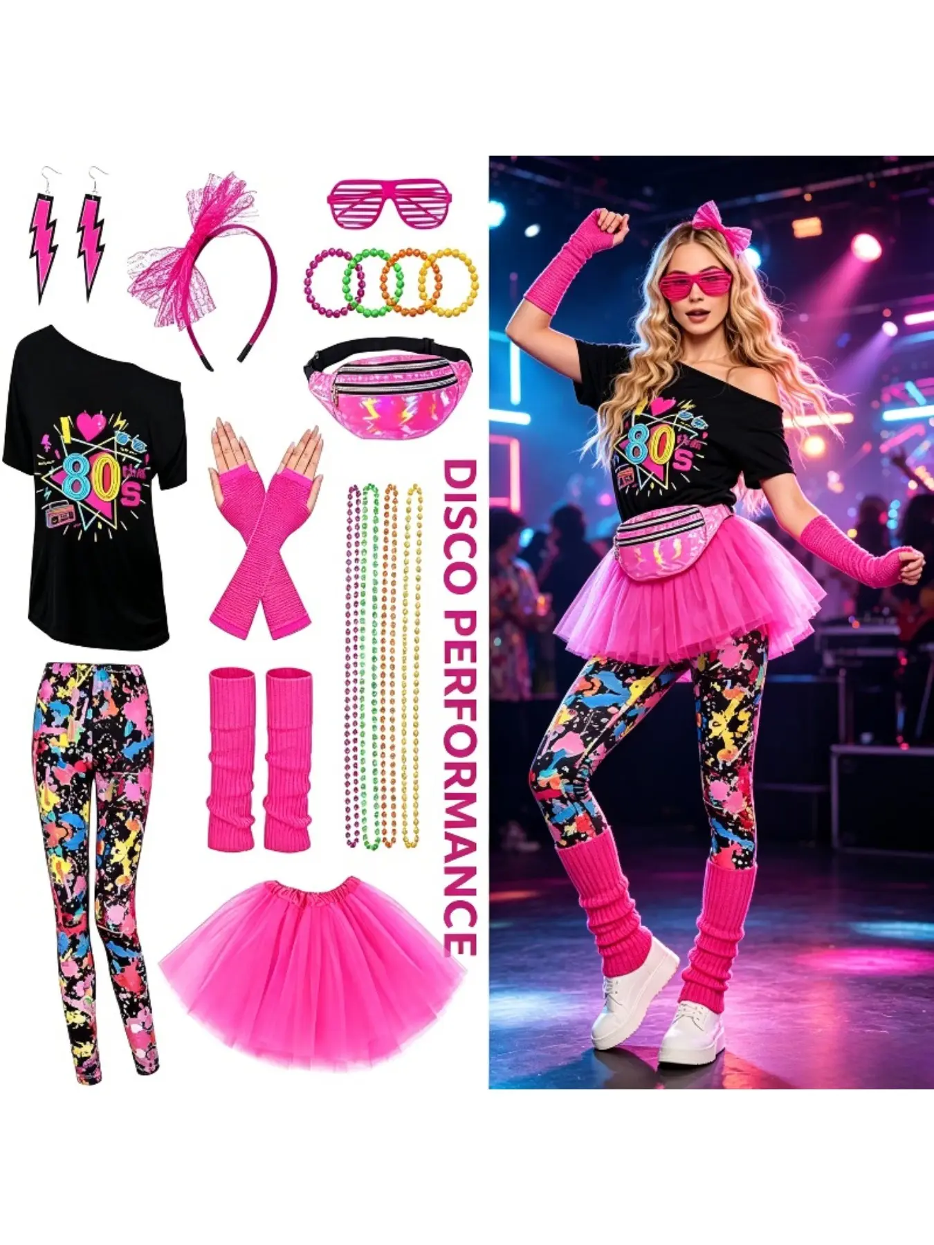 80s Unisex Disco Dance Costumes Off Shoulder T-shirts and Leggings Themed Retro Party Performance Costumes Accessories