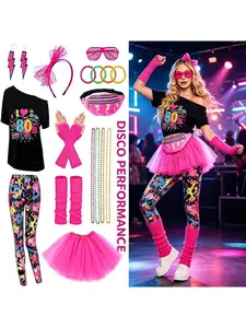80s Unisex Disco Dance Costumes Off Shoulder T-shirts and Leggings Themed Retro Party Performance Costumes Accessories