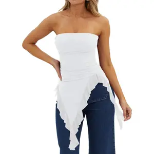 Tankaneo Womens Strapless Tube Tops Summer Asymmetrical Long Ruched Mesh Shirts Cute Y2k Ruffle Hem Going Out Bandeau Top