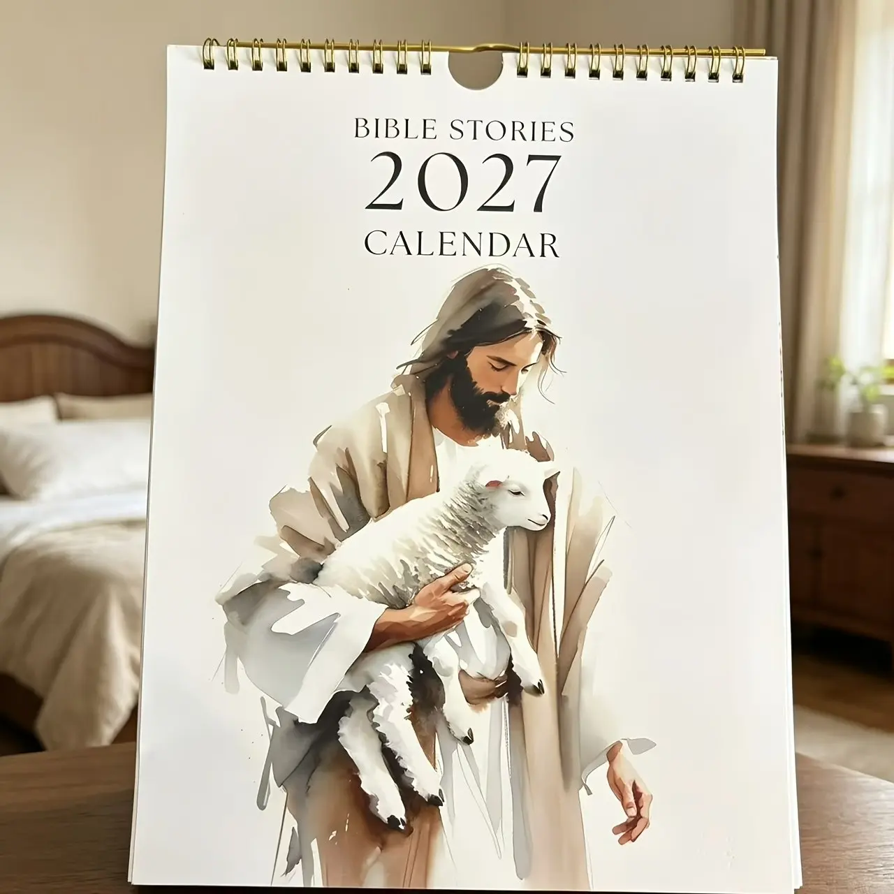 Bible Story 2027 Wall Calendar, Watercolor Hand-Drawn Religious Art Illustrations, 12-Month Hanging Calendar, Christian Home Faith Decor Gift
