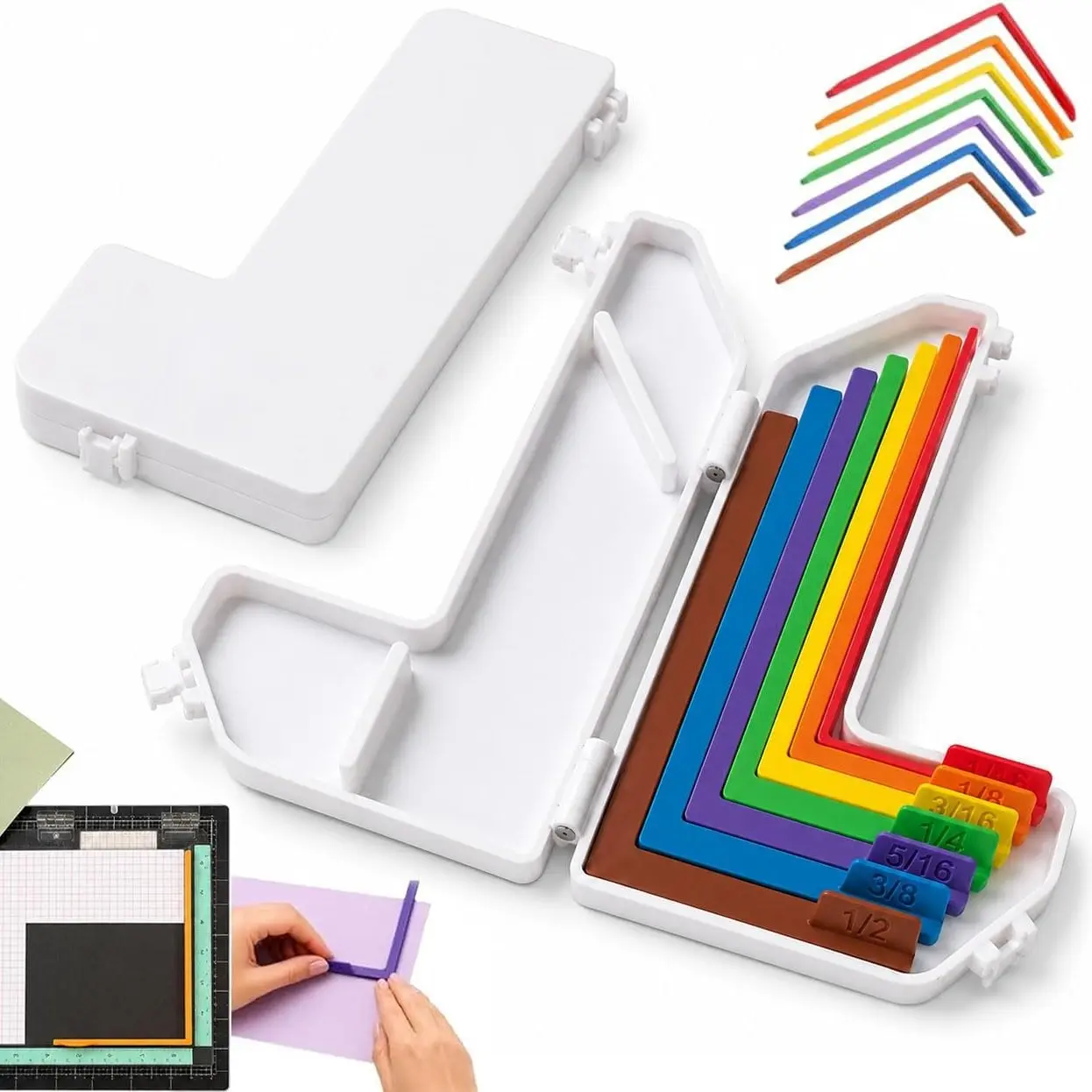 7PCS Paper Crafting Alignment Guides with Case for Card Making, Full Set with Size Tabs, Precision Layering & Matting Spacers for Card Making and Scrapbooking, Color-Coded 1/16 to 1/2 Inch Increments
