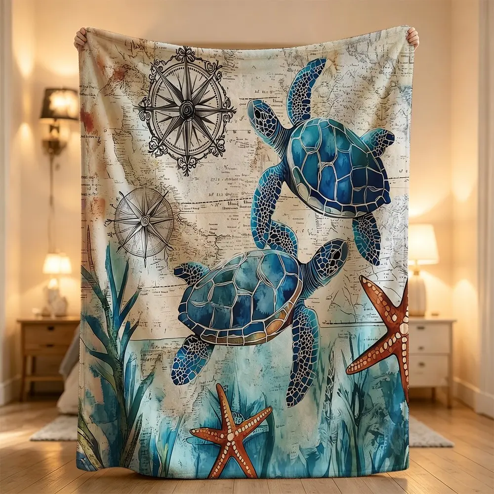Sea turtle nautical map compass ocean starfish marine design Flannel blanket, sofa leisure blanket, bed blanket, Plush Throw Blanket,Cozy Soft Lightweight Blanket,Boho Decorative Throw Blanket