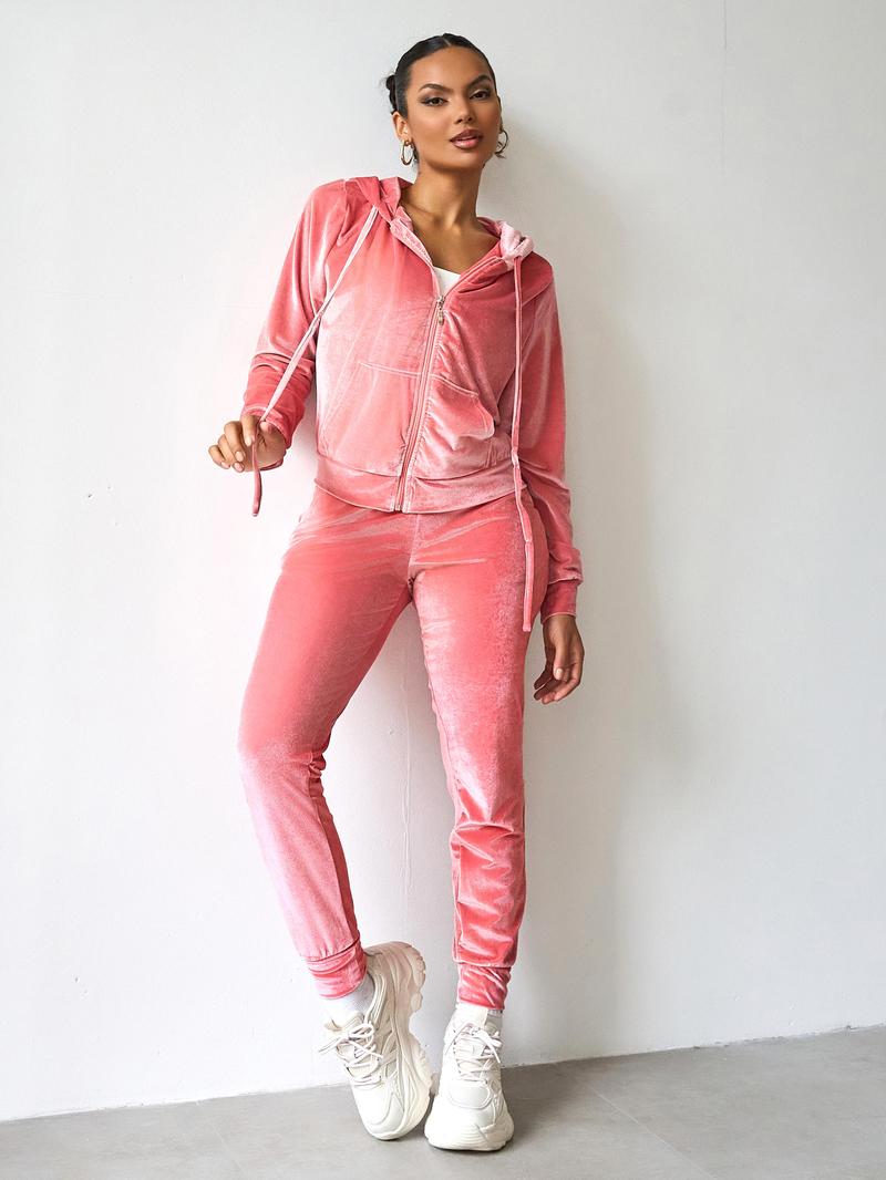 Joyfunear Women's Velvet Tracksuit Set: Hooded Zip-Up Jacket + Jogger Pants