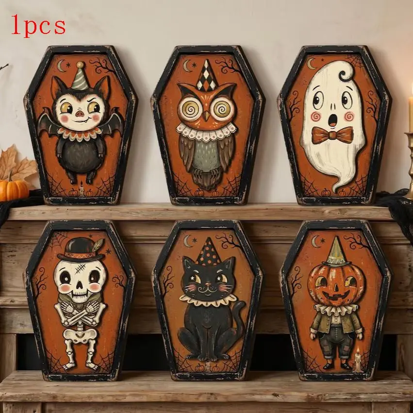 Vintage Halloween Indoor Decorations, Wooden Blocks for Shelf Decoration, Bat, Owl, Ghost, Skull, Cat, Pumpkin Coffin Halloween Decor