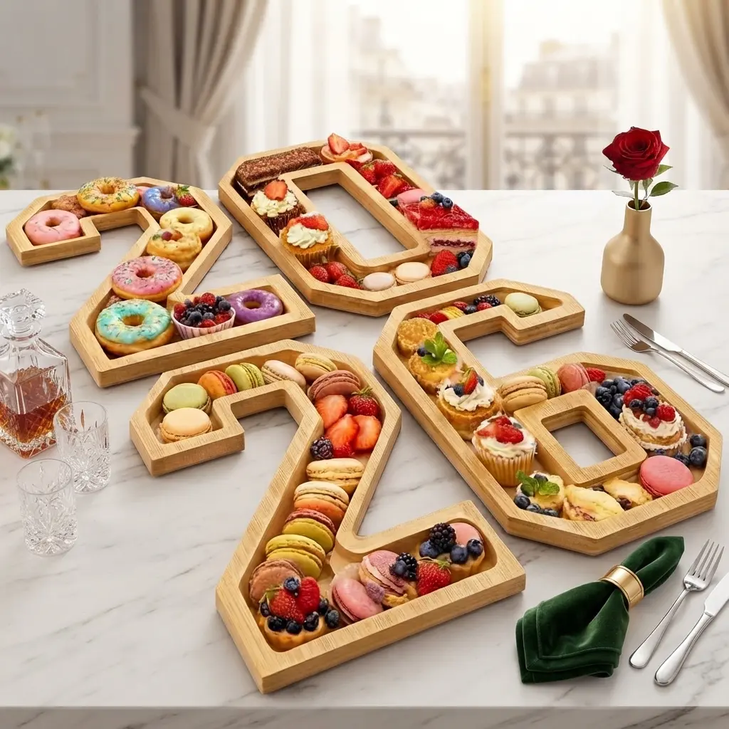 2026 Charcuterie Board Set, 11.8" Bamboo Fillable Numbers Wood Trays for Class of 2026 Graduation Party Supplies, New Year, Anniversary, Reusable Food Fruit Dessert Snack Serving Platter, Easy to Clean Table Centerpiece