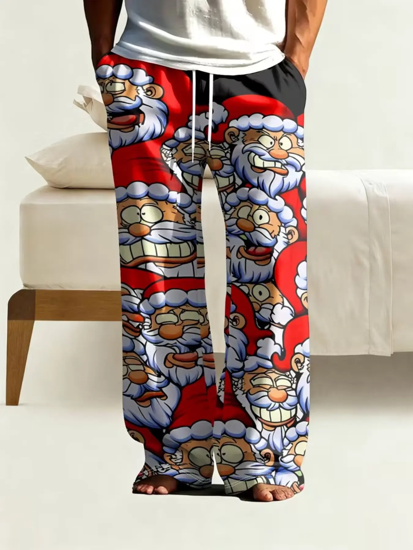 Men's Fashion Christmas-Themed Straight Leg Pants, Fun Santa Claus Prints, Pockets & Drawstring Design, Casual European Style