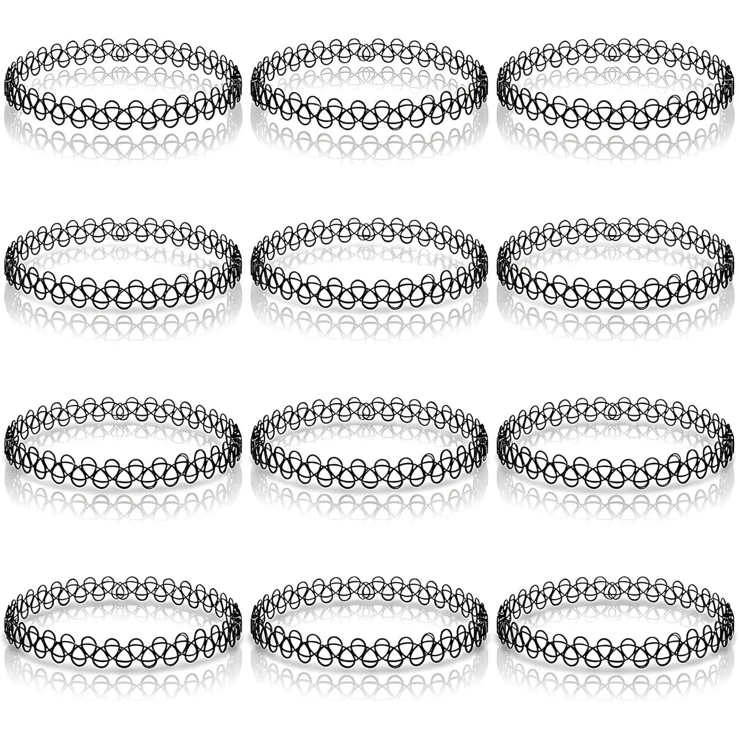 12 count 90s  Choker Bracelet Set - Black Stretchy Elastic  Trendy Y2K Fashion , Adjustable Retro Gothic Grunge Aesthetic Accessories for Women