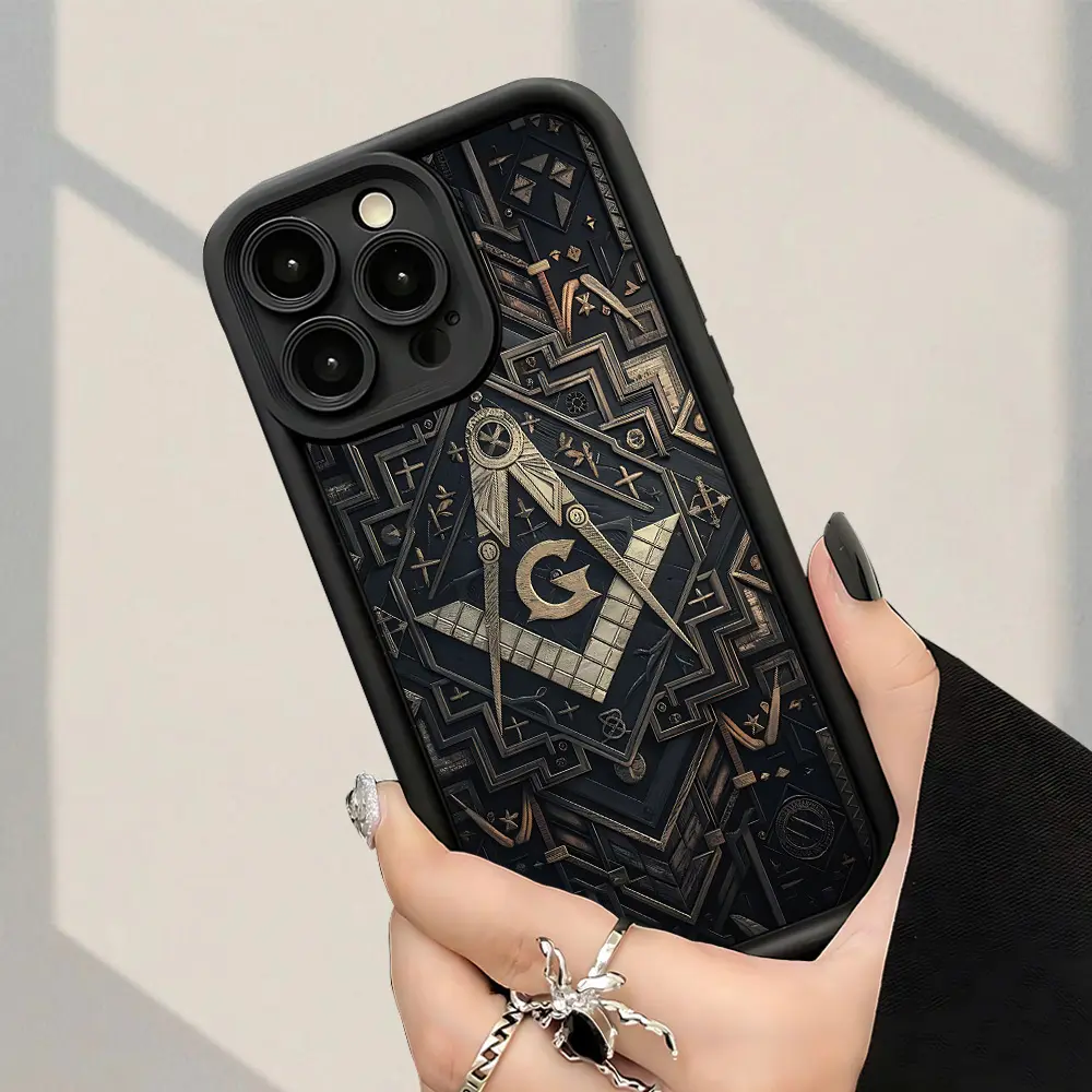 Masonic Print Phone Case for iPhone Series - Multi-Model TPU Material Cover with Detailed Golden & Black Design, Shock Proof, Anti-Fingerprint Fit for 17 E Air 16 15 14 Pro Max Plus 13 12 Mini 11 X XS XR, Fits Ios