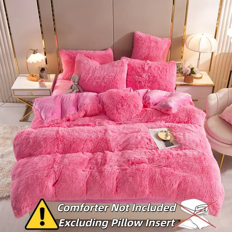 Deep Pink Thickened Winter Duvet Set, includes 1 duvet cover and 2 pillowcases. Made of soft and comfortable polyester, this modern, fluffy bedding set is suitable for beds and sofas. Easy to care for and versatile Comfy Bed Sets Cozy Bedding Set