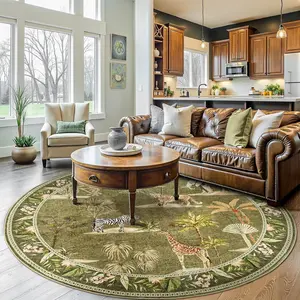 Round Rug 7ft Green Jungle  Print Living Room, Machine Washable 7' Circle Modern Soft Non-Slip Forest   Room Throw Area Rug, Low Pile Carpet for Dining Room Bedroom