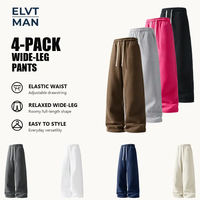 Men's 4-Pack Adjustable Drawstring Pants, Casual Loose Comfy Baggy Menswear Set, Assorted Solid Colors, Elastic Waist, Full Length Straight Leg, Side Pockets, Multi-Size for Home & Streetwear Lounging, Casual Fit Drawstrings