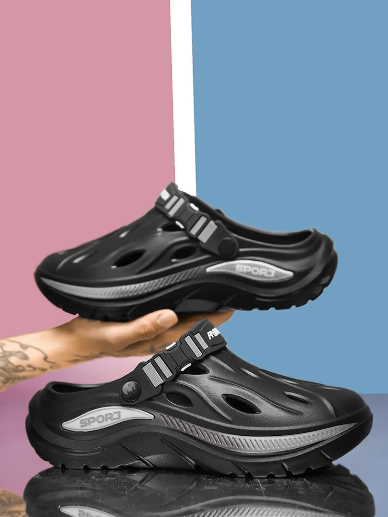 Men's Adjustable Laces Thick Sole Holes Shoes, Sporty Urban Leisure Style, Hollow Out Eva Anti-Slip Slip-On Sneakers, Daily Use, Beach, Outdoor Camping