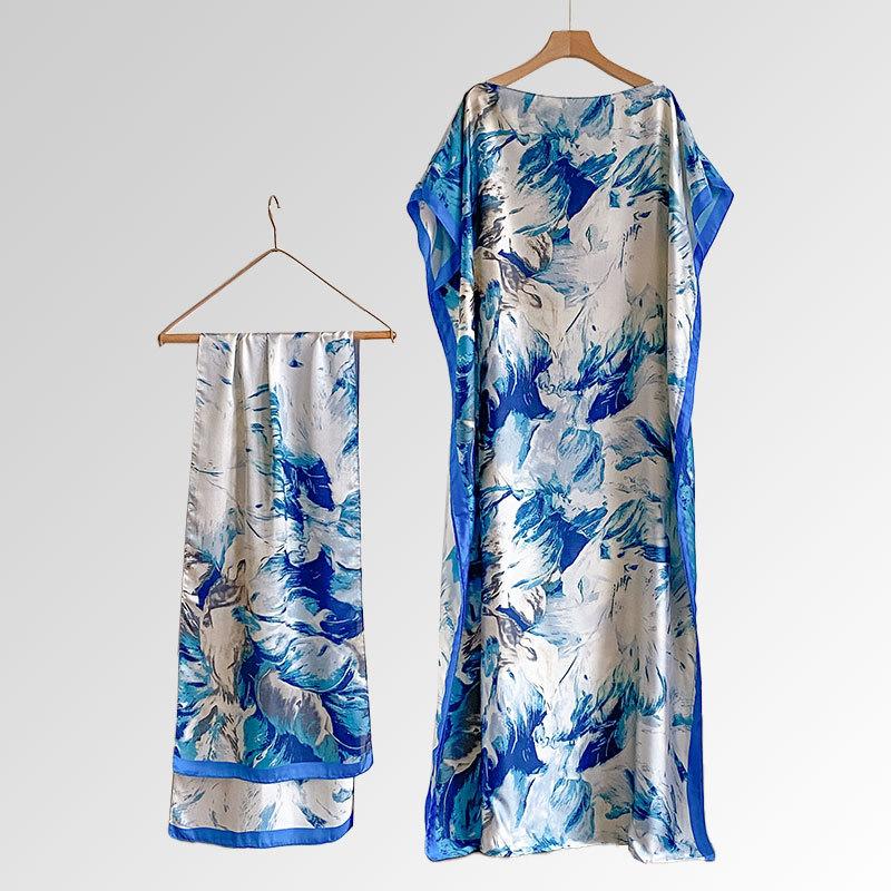 Women's Floral Print Long Dress & Scarf Set,Boho Casual Shawl Dress & Scarf Set for BeachVacation Holiday, Ladies Clothes for AllSeasons